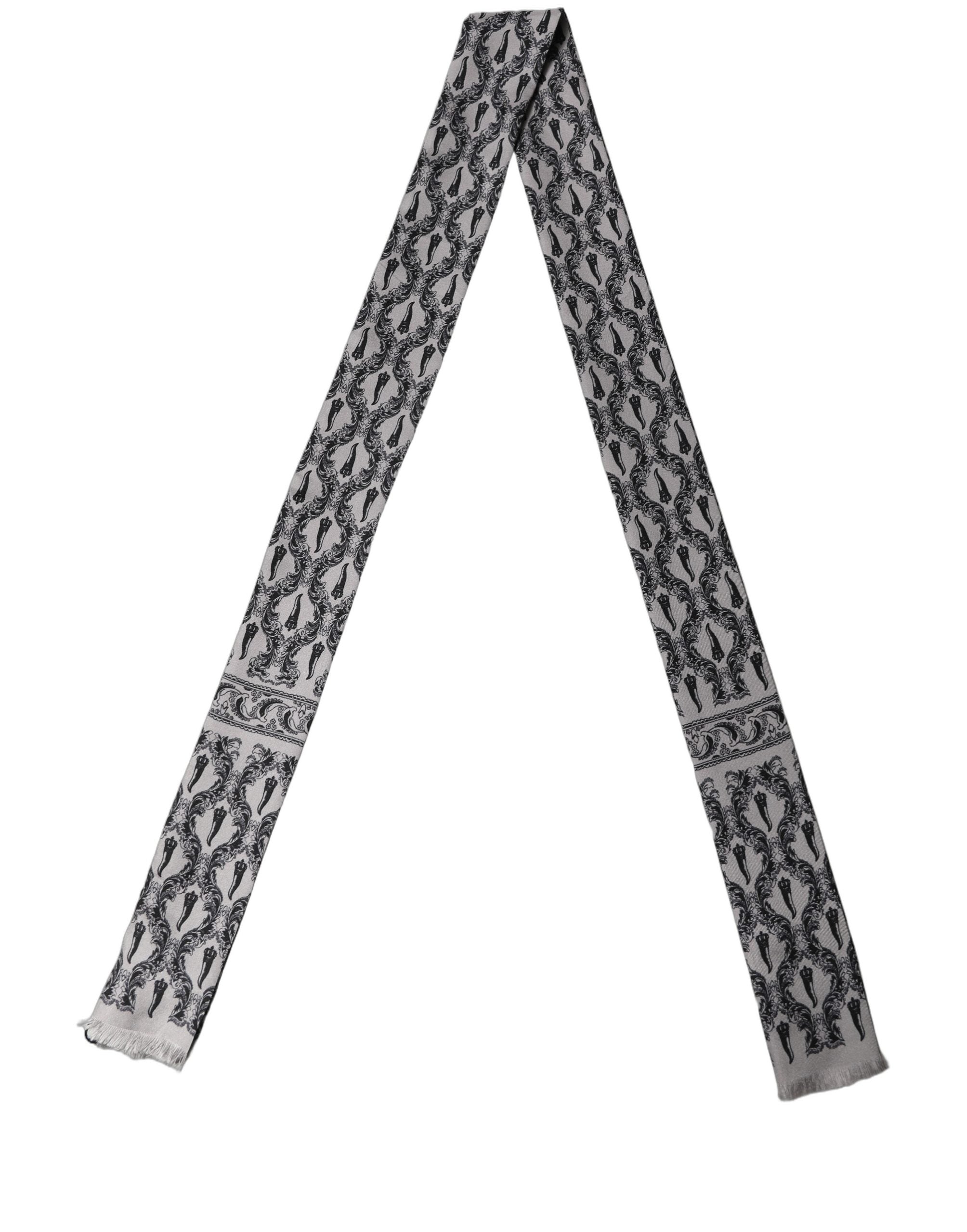 Dolce & Gabbana Dolce & Gabbana Gray Baroque Silk Fringed Skinny Foulard Men's Scarf