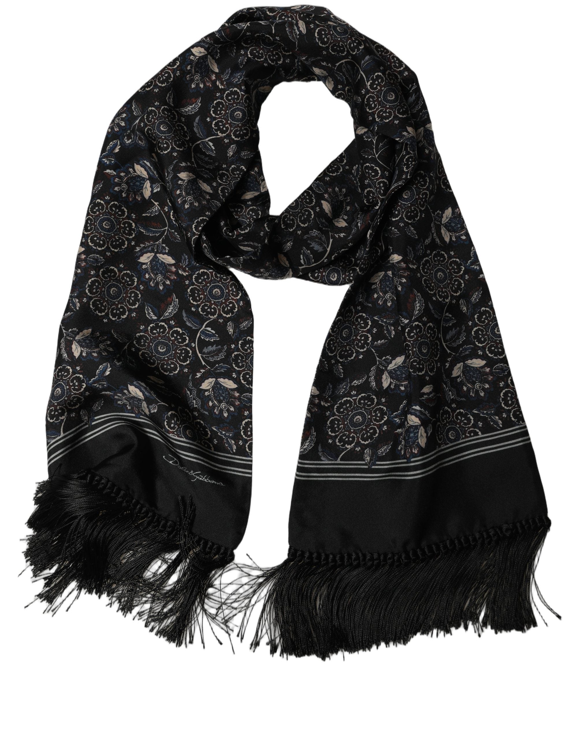 Dolce & Gabbana Dolce & Gabbana Black Silk Floral Paisley Fringed Shawl Men's Scarf
