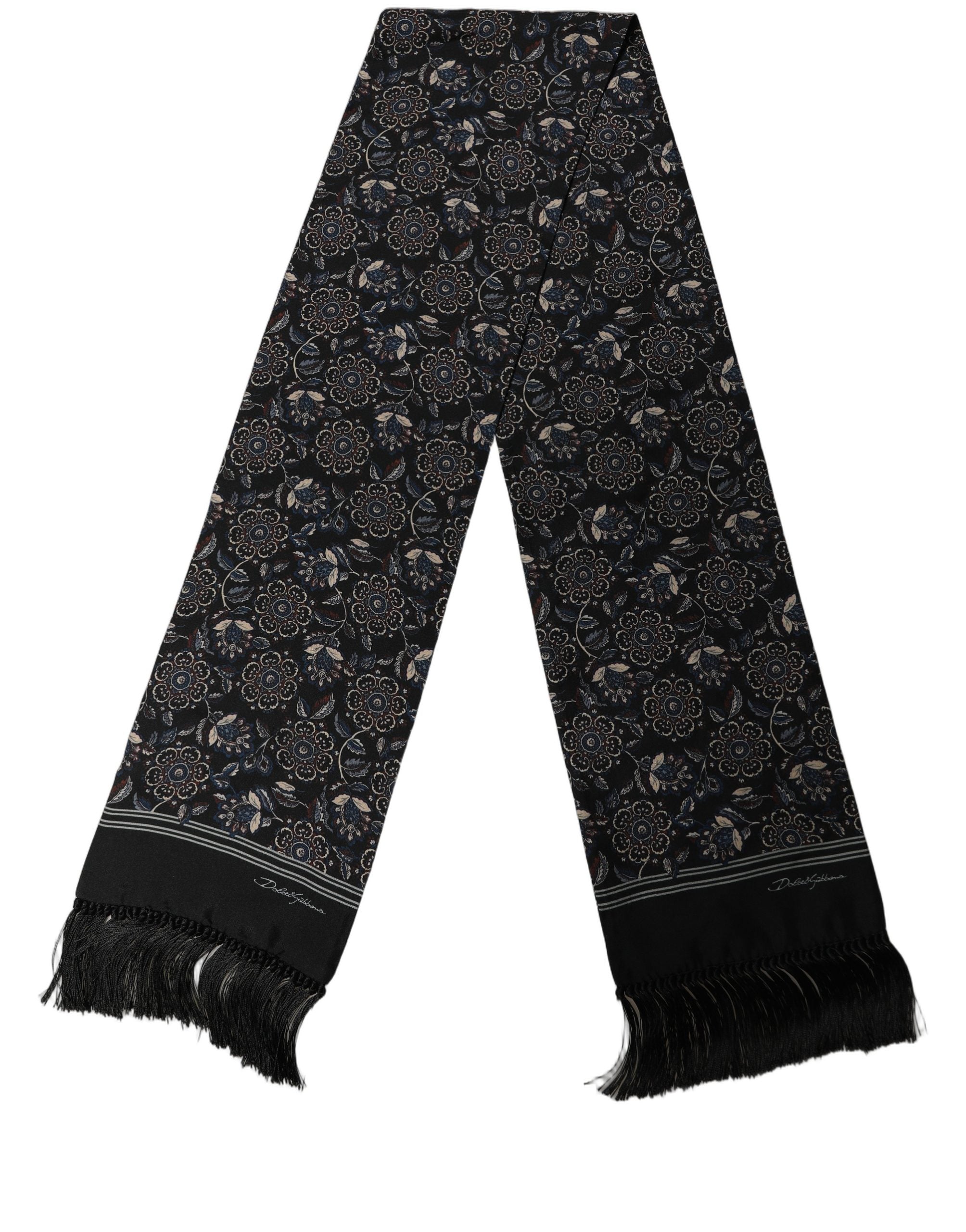 Dolce & Gabbana Dolce & Gabbana Black Silk Floral Paisley Fringed Shawl Men's Scarf