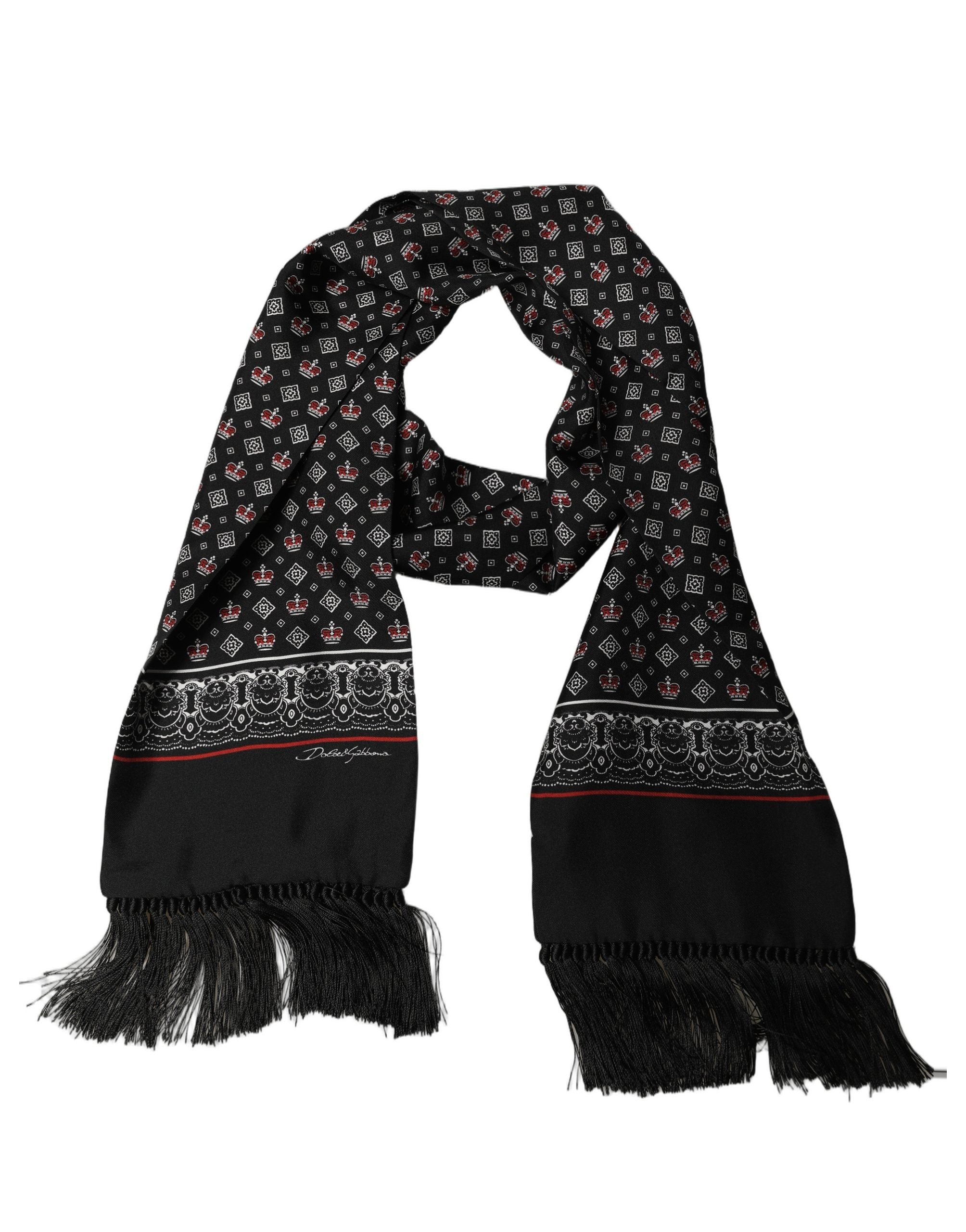 Dolce & Gabbana Dolce & Gabbana Black Silk Crown Fringed Neck Shawl Men's Scarf