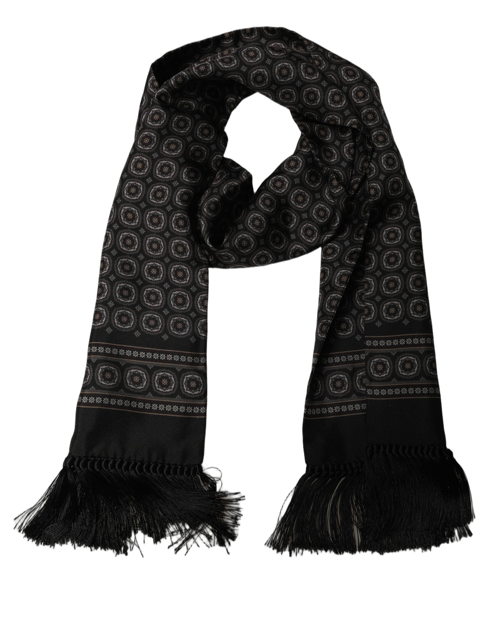 Dolce & Gabbana Dolce & Gabbana Black Silk Geometric Fringed Neck Shawl Men's Scarf