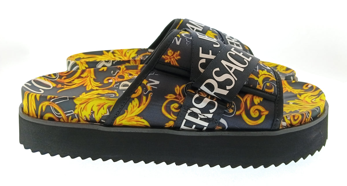 Versace Jeans Couture Versace Jeans Couture Mens Black / Gold Baroque Logo Platform Slides-