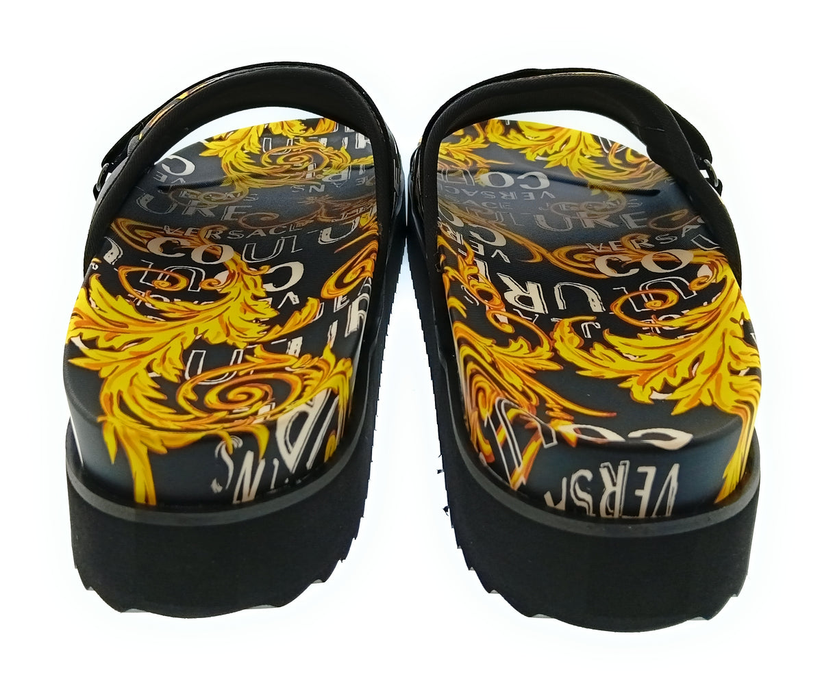 Versace Jeans Couture Versace Jeans Couture Mens Black / Gold Baroque Logo Platform Slides-