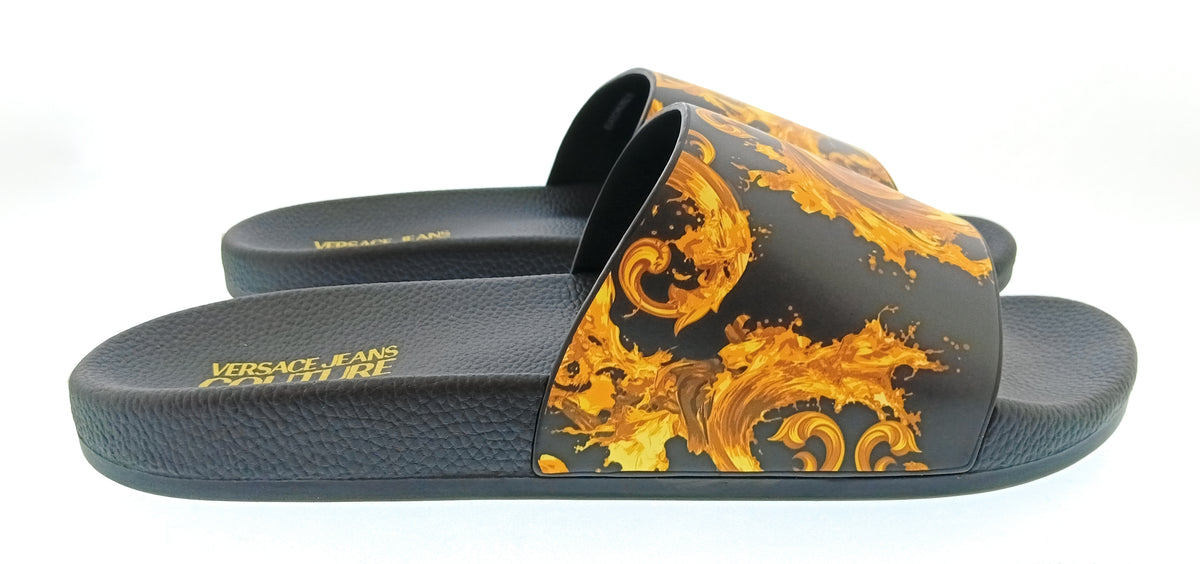 Versace Jeans Couture Versace Jeans Couture Mens Black / Gold Baroque Print Slides-