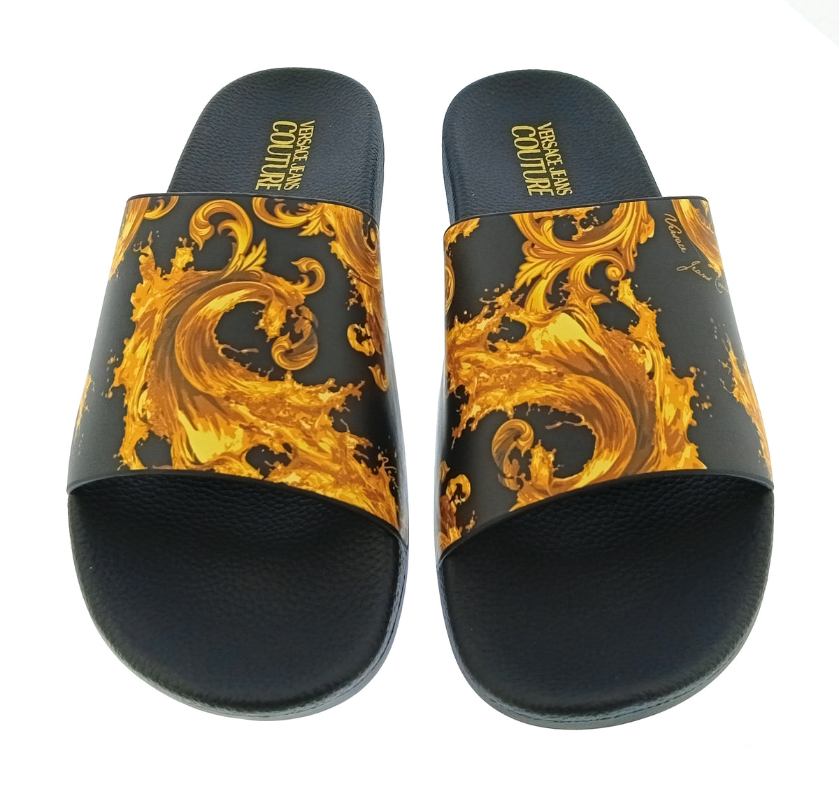 Versace Jeans Couture Versace Jeans Couture Mens Black / Gold Baroque Print Slides-