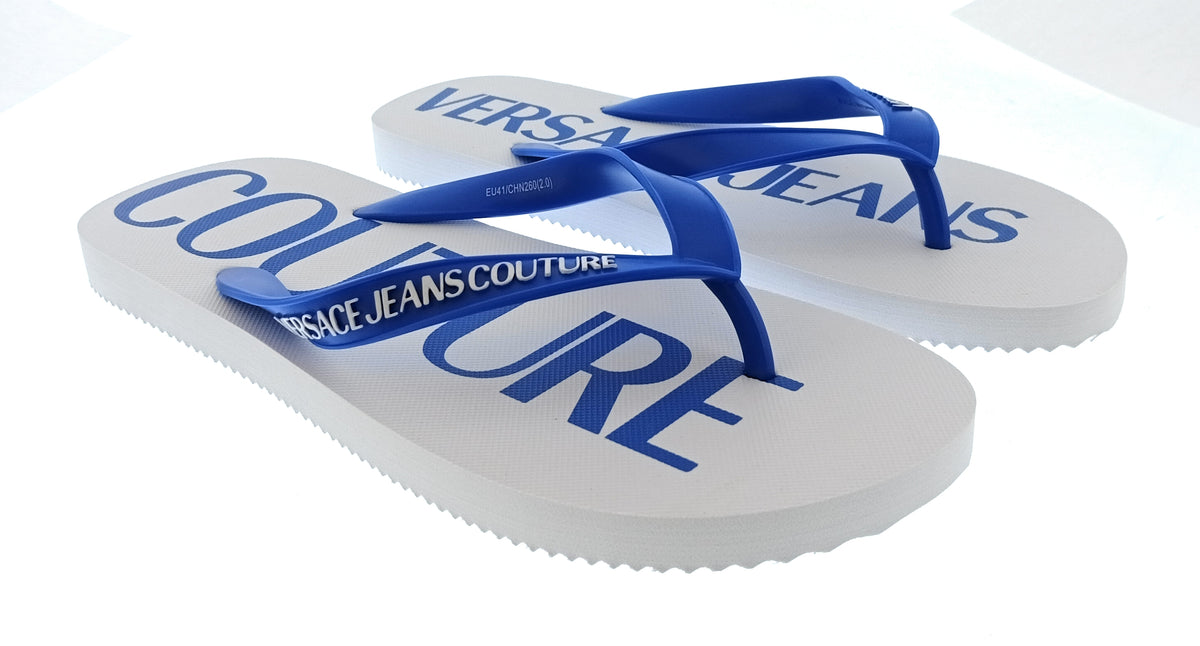Versace Jeans Couture Versace Jeans Couture Mens White / Royal Blue Logo Flip-Flops-