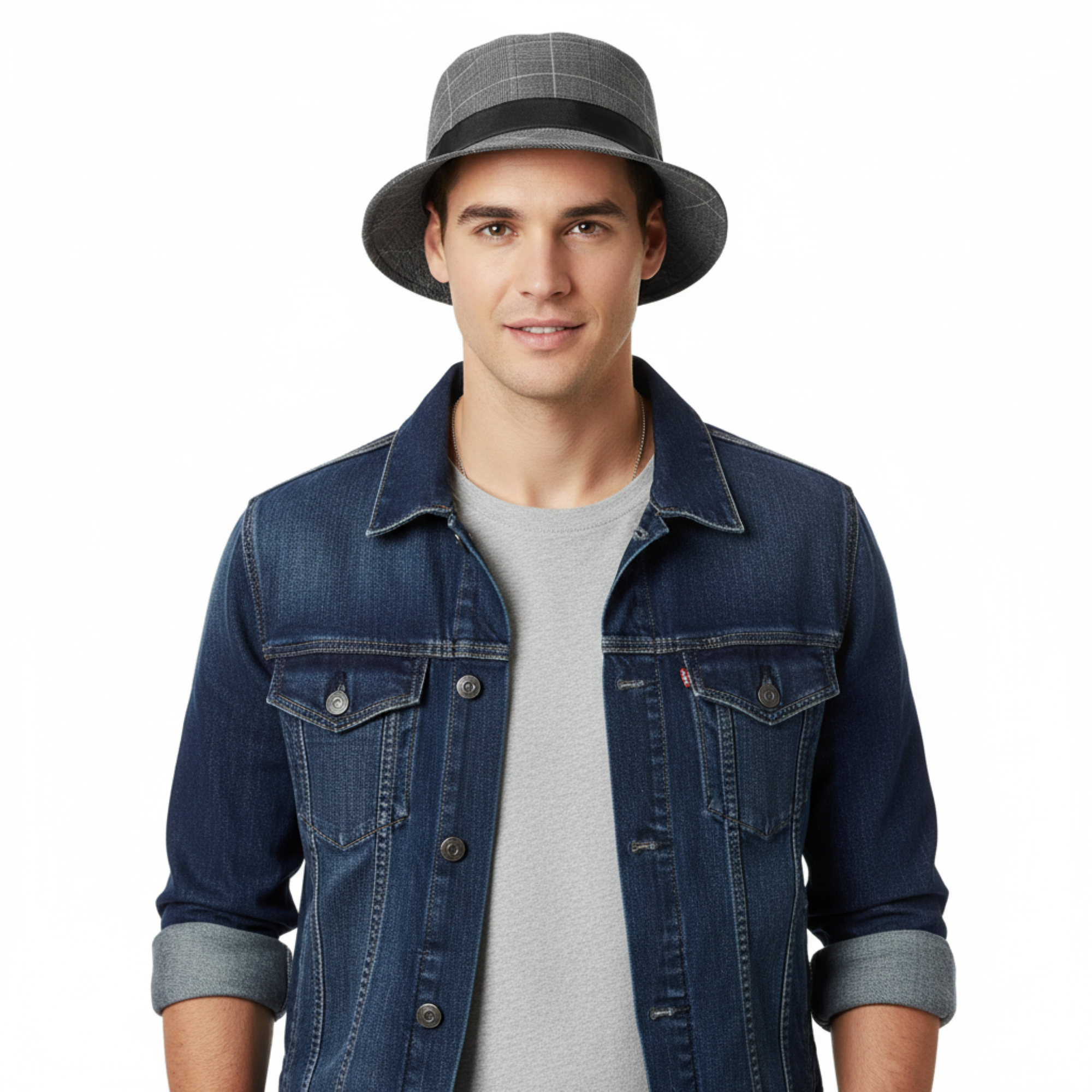 Dolce & Gabbana Cotton Light Grey Fine Plaid Bucket Hat-Adult L