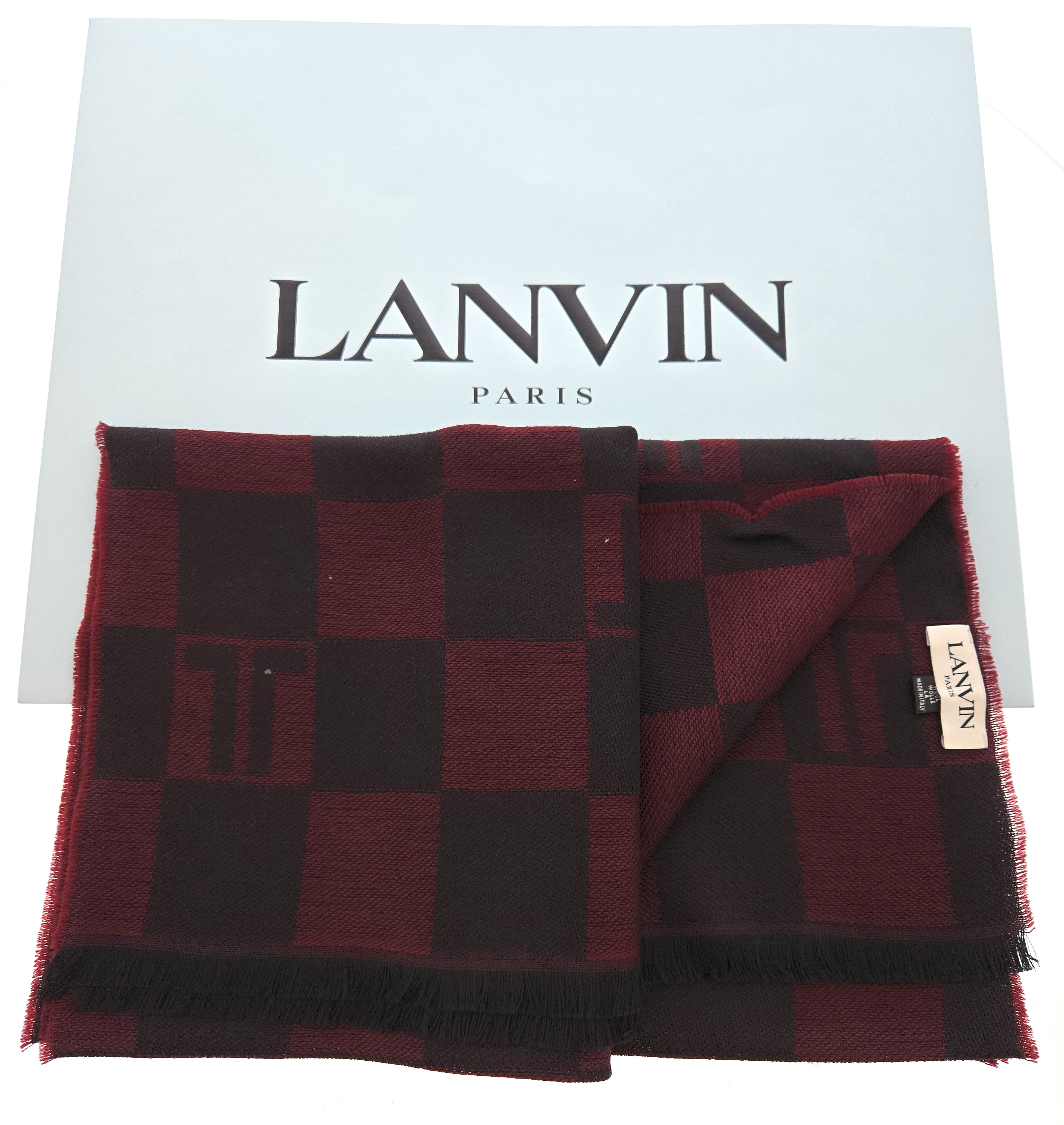 Lanvin Red Elegant Black with Modern Striped 100% Wool Scarf
