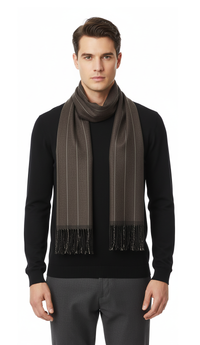 Lanvin 100% Wool Scarf – Brown Pinstripe, Lightweight Fringed Design