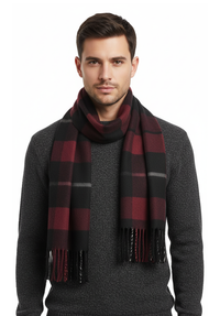Lanvin 100% Wool Scarf – Plaid Burgundy and Black, Fringed Winter Wrap