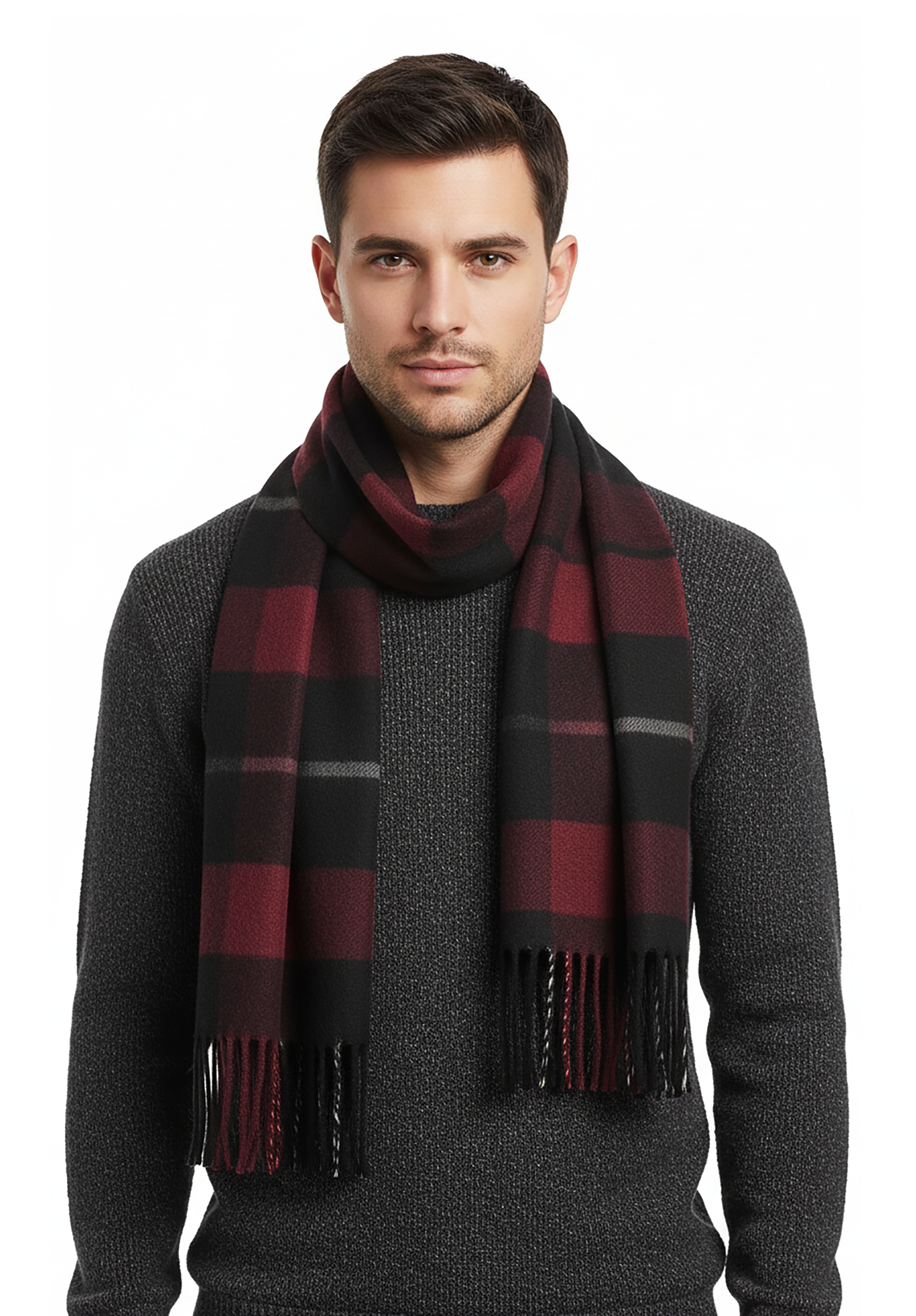 Lanvin 100% Wool Scarf – Plaid Burgundy and Black, Fringed Winter Wrap