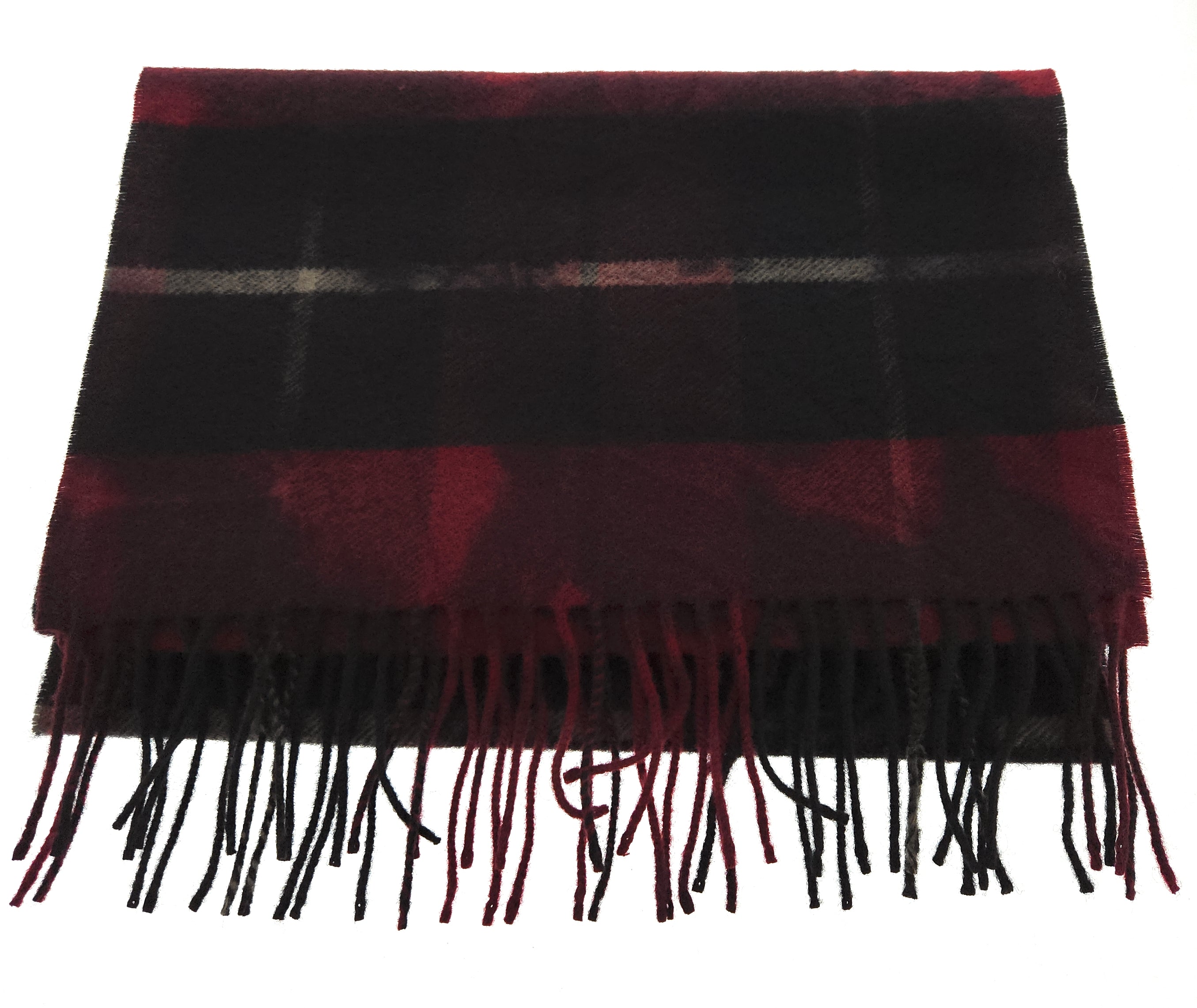Lanvin 100% Wool Scarf – Plaid Burgundy and Black, Fringed Winter Wrap