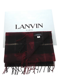 Lanvin 100% Wool Scarf – Plaid Burgundy and Black, Fringed Winter Wrap