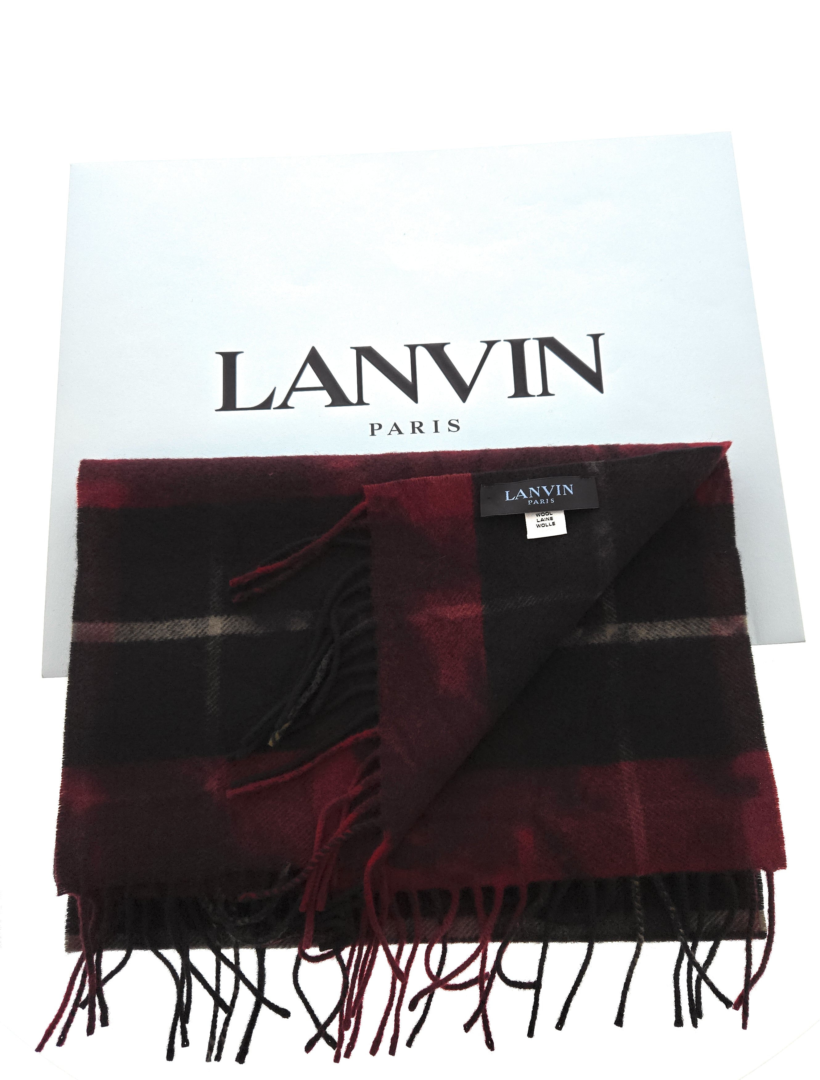 Lanvin 100% Wool Scarf – Plaid Burgundy and Black, Fringed Winter Wrap