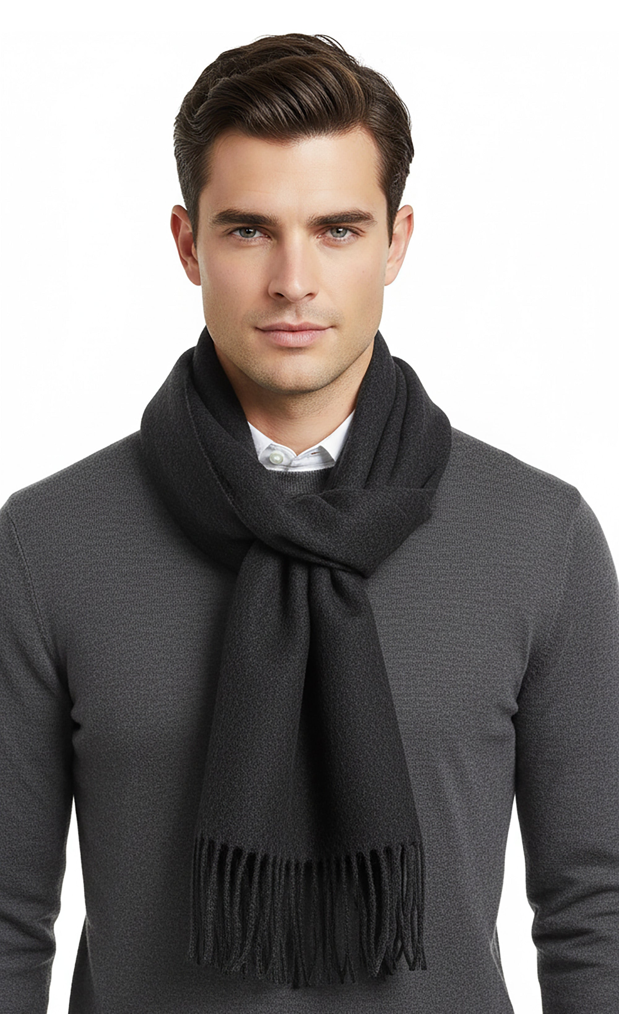 Luxurious Cashemere Blend Scarf with Fringed Ends - Charcoal Grey