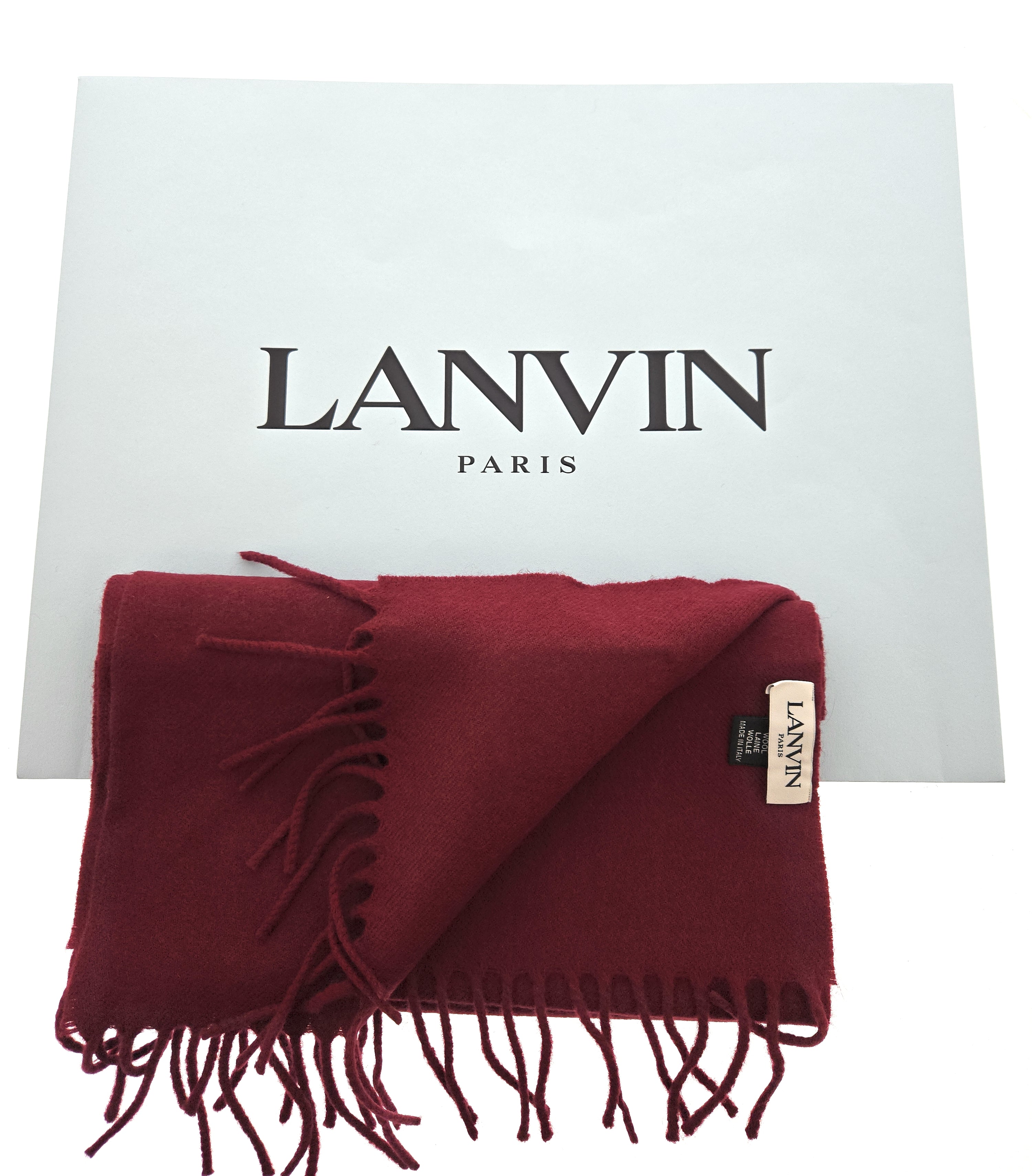 Lanvin Soft Luxurious 100% Wool Burgandy Red Fringe Scarf
