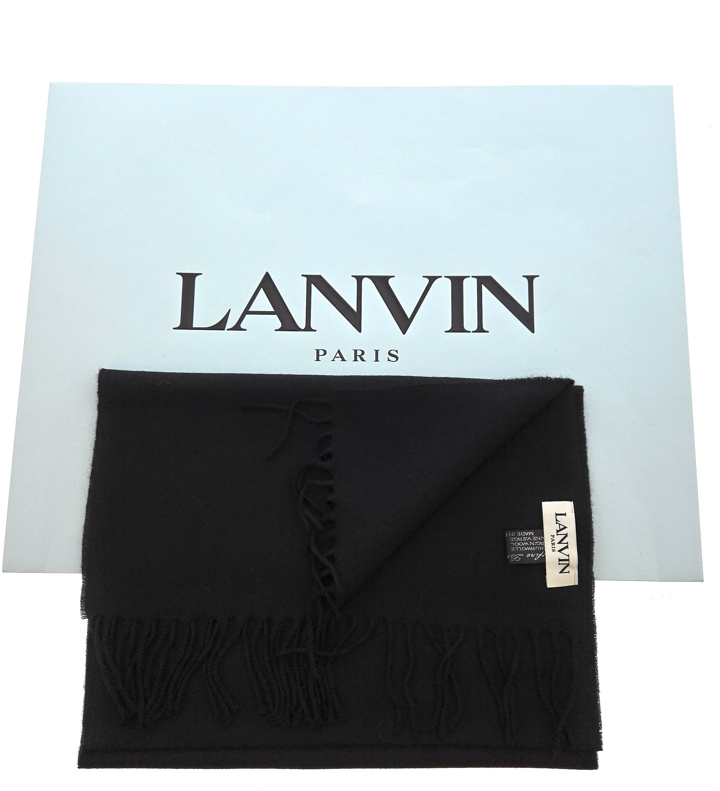 Lanvin 100% Wool Scarf - Black Luxurious Wrap with Fringe