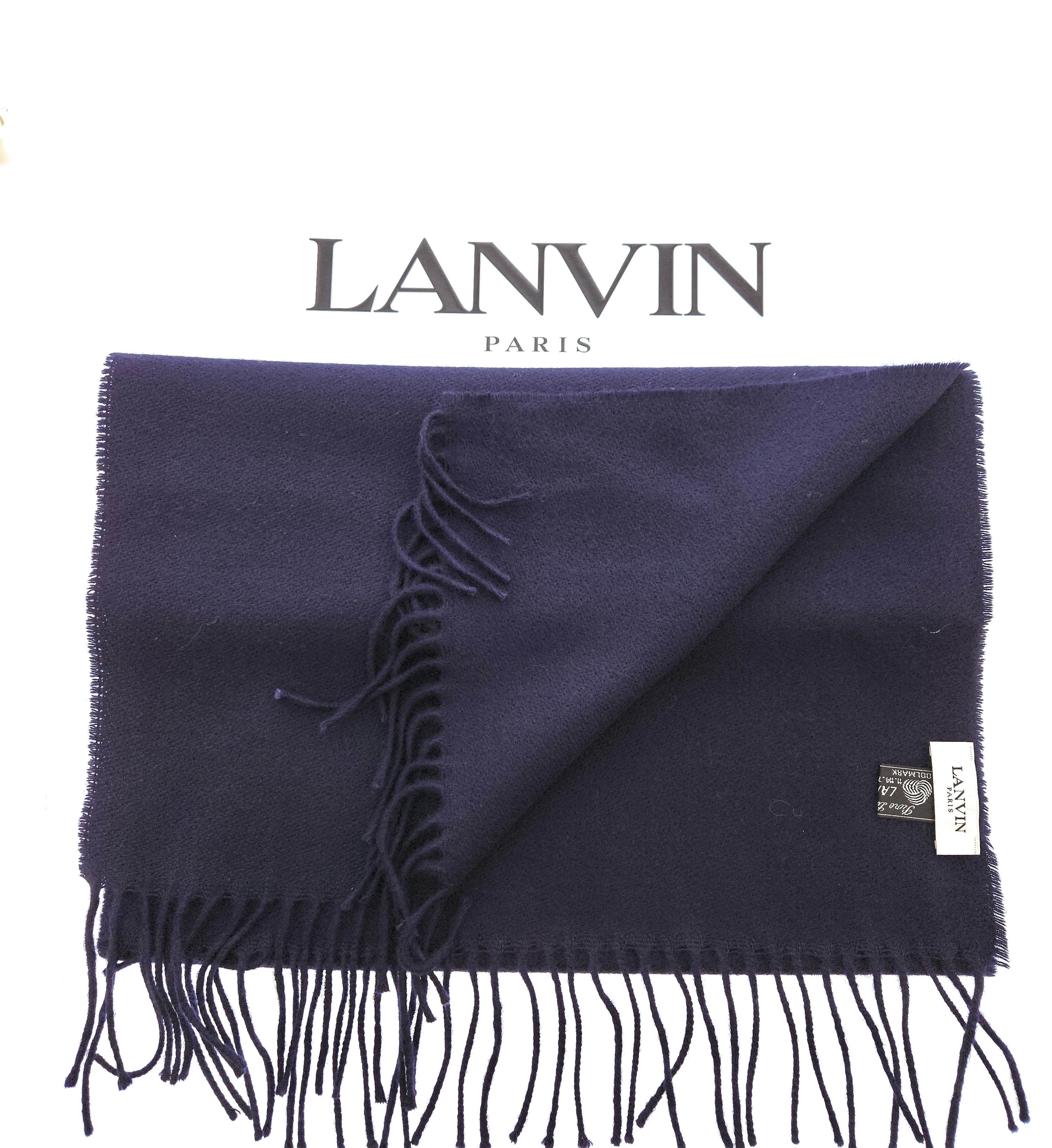 Lanvin Soft Luxurious 100% Wool Navy Fringe Scarf
