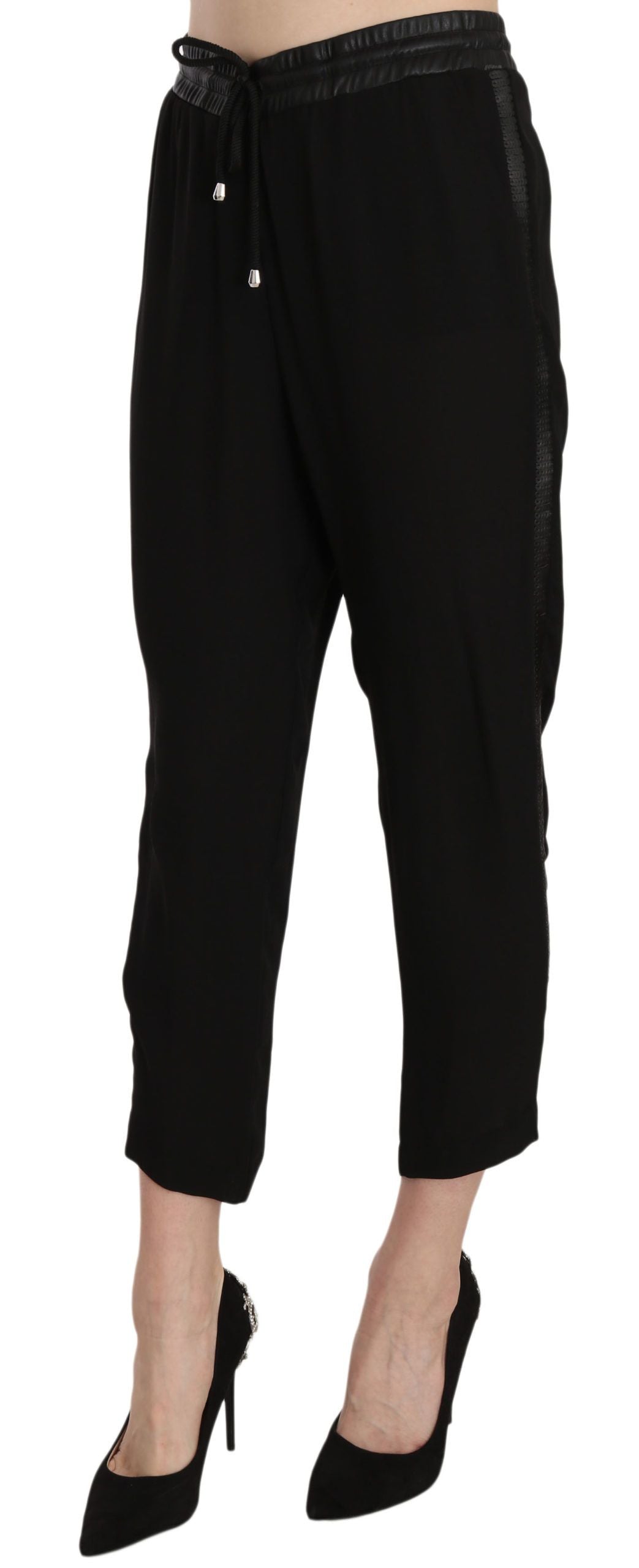 Guess Black Polyester High Waist Cropped Trousers Women's Pants