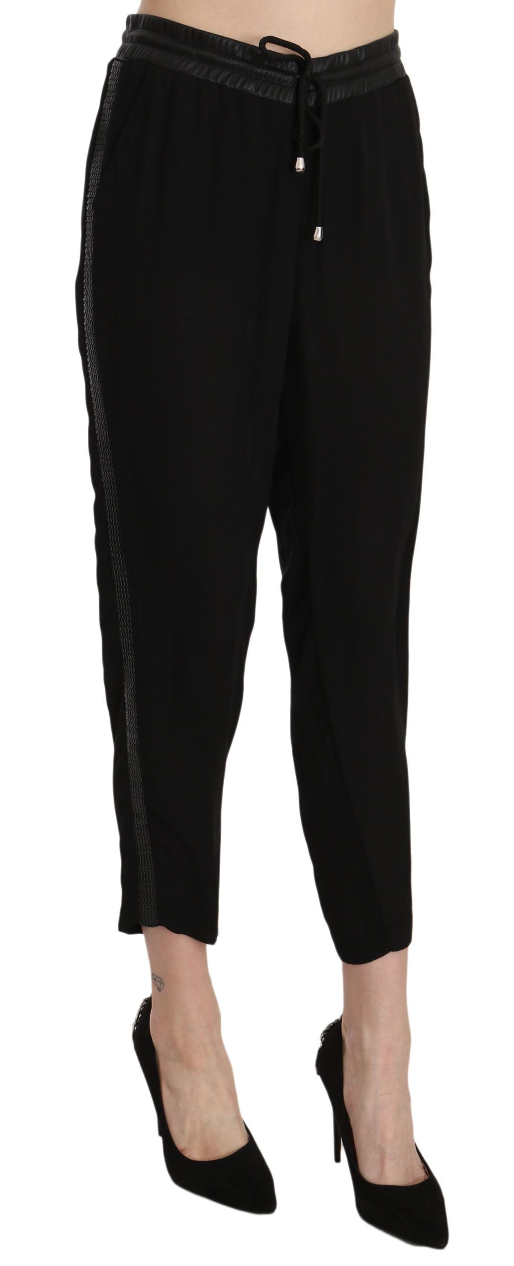 Guess Black Polyester High Waist Cropped Trousers Women's Pants