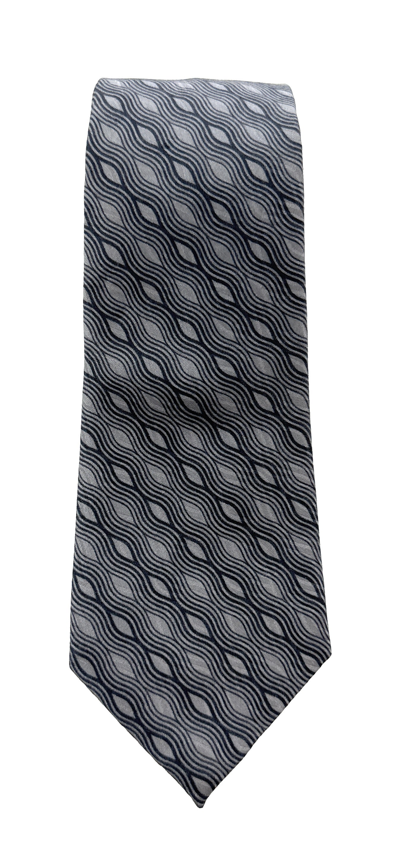 Emporio Armani Mens Light Grey Navy Wavy Geometric Tie – Made in Italy