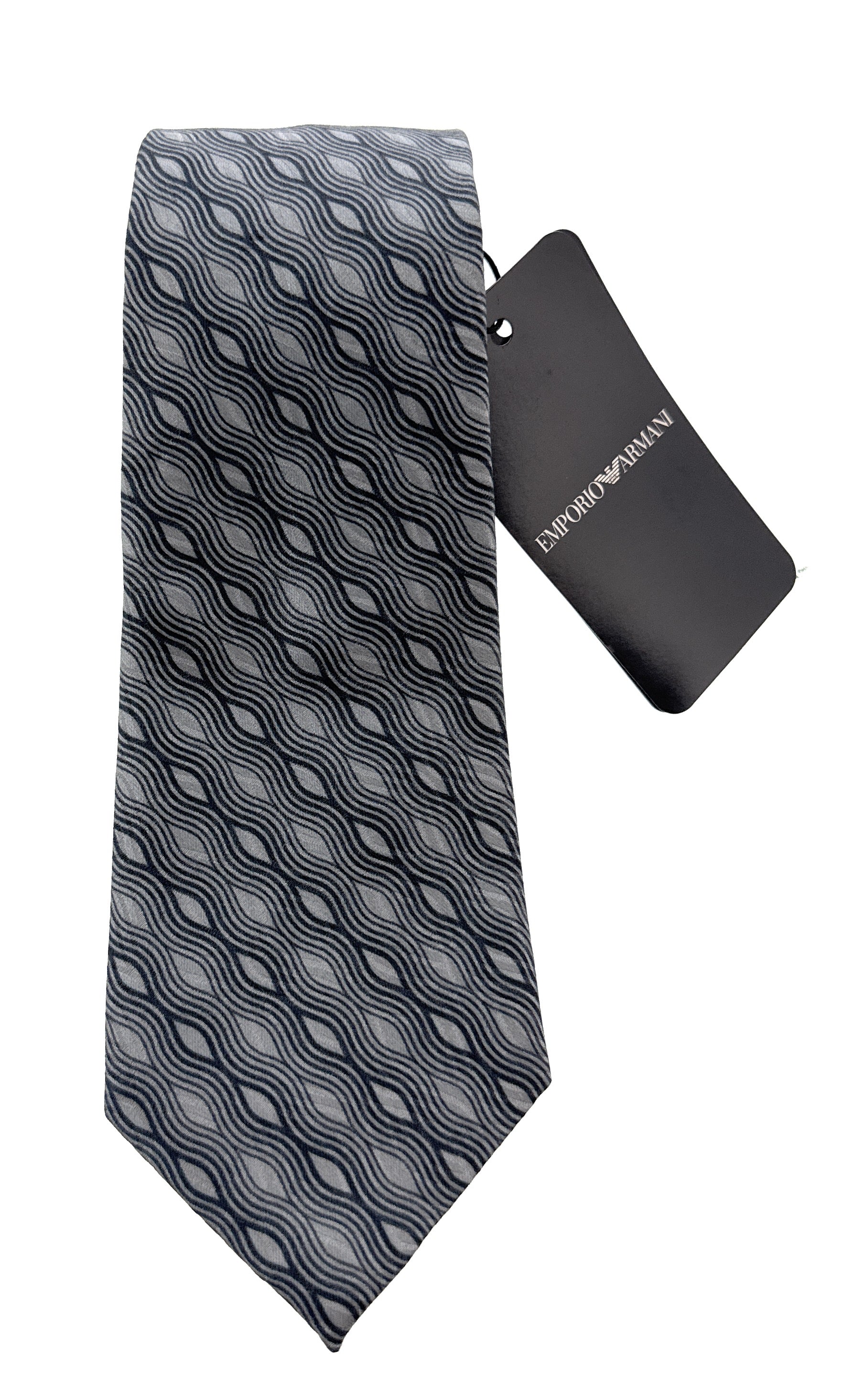 Emporio Armani Mens Light Grey Navy Wavy Geometric Tie – Made in Italy