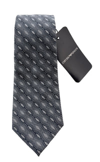 Emporio Armani Mens Light Grey Navy Wavy Geometric Tie – Made in Italy