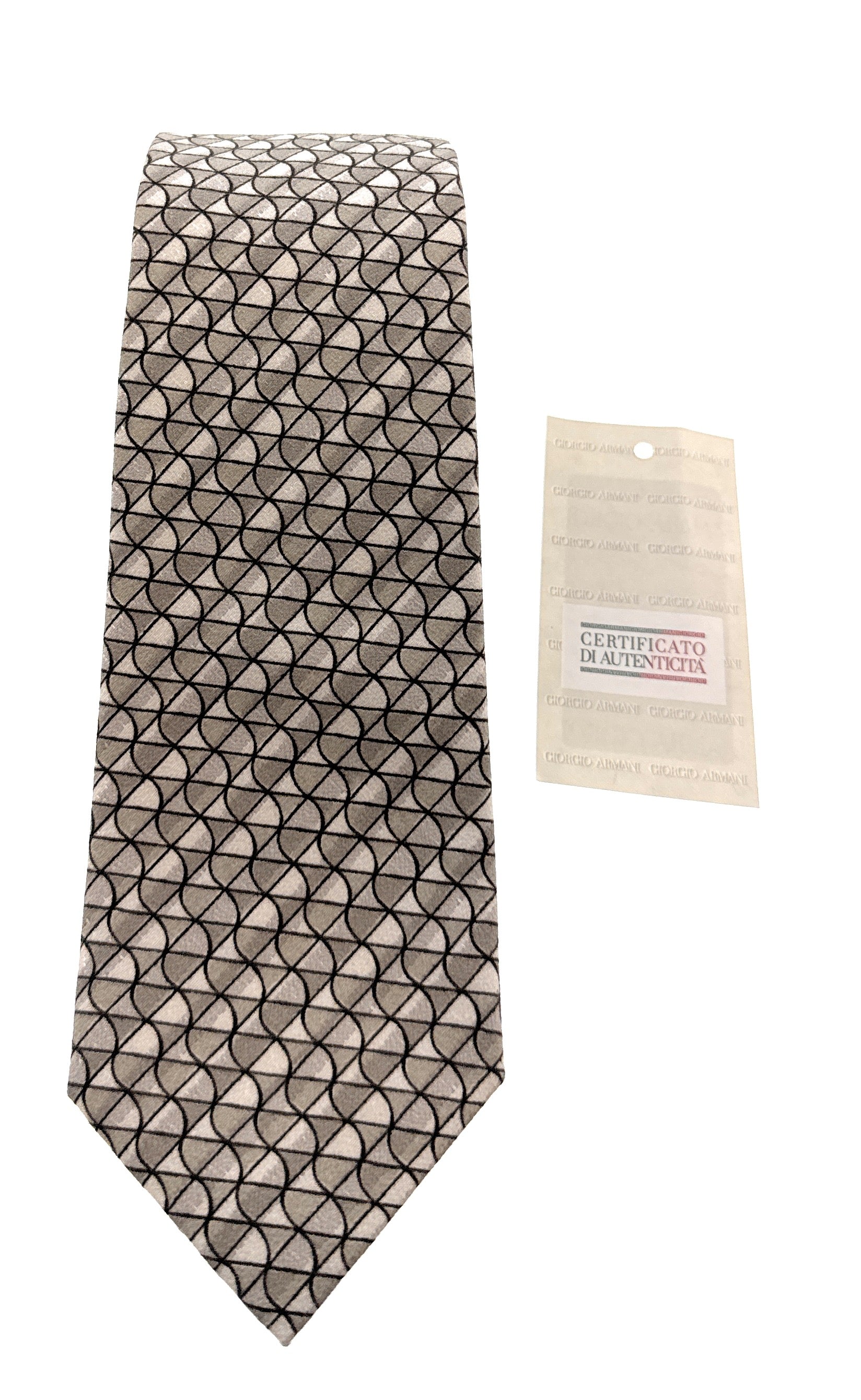 Emporio Armani Mens Khaki Geometric Abstract Tie – Made in Italy