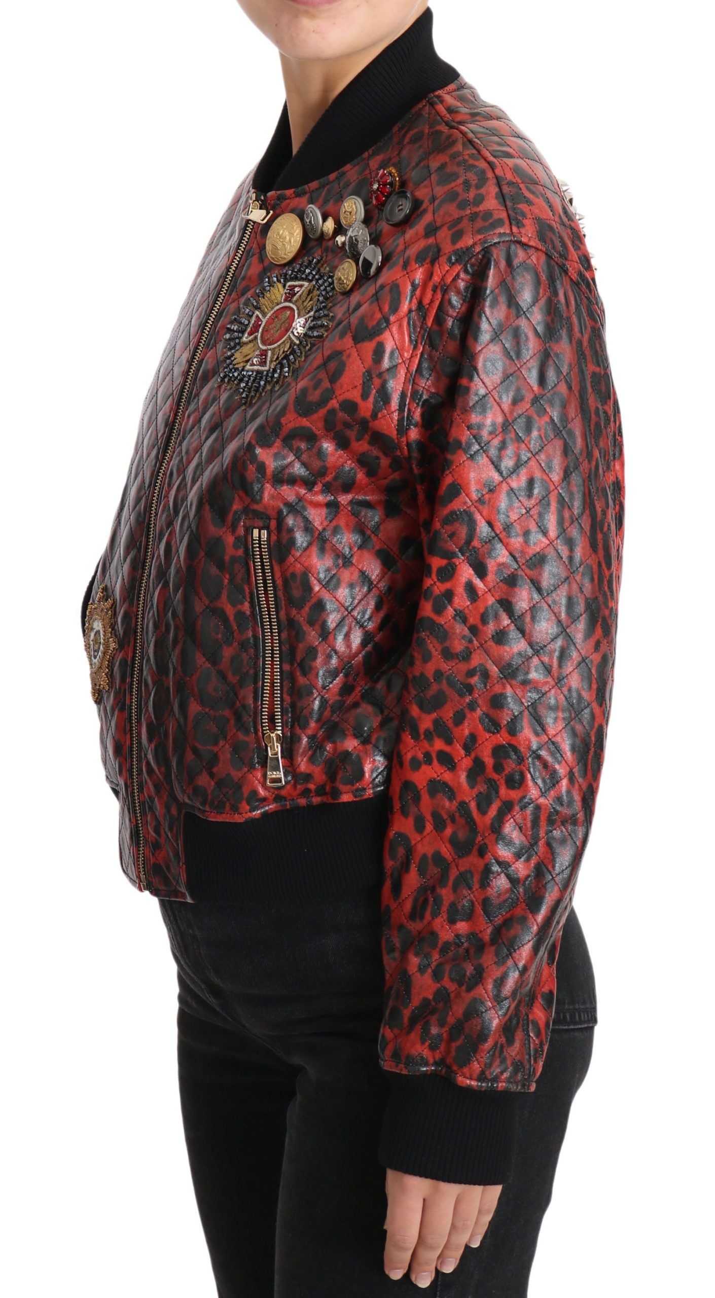 Dolce & Gabbana Dolce & Gabbana Red Leopard Button Crystal Leather Women's Jacket