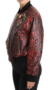 Dolce & Gabbana Dolce & Gabbana Red Leopard Button Crystal Leather Women's Jacket
