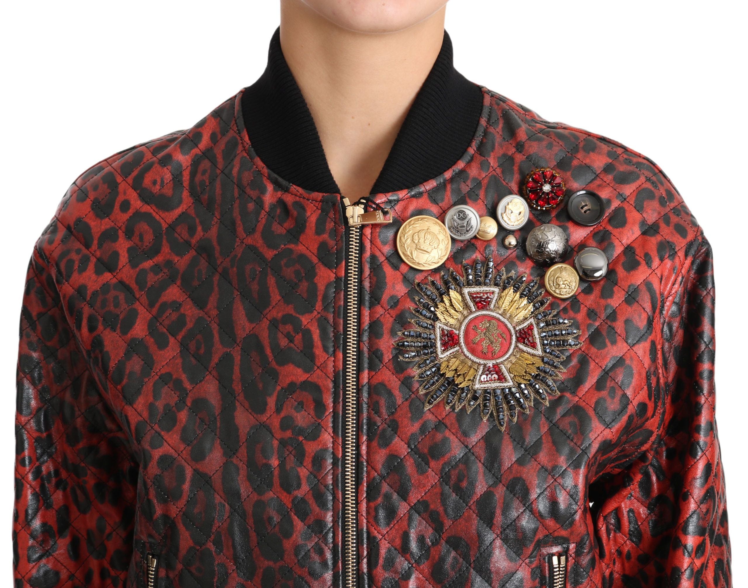 Dolce & Gabbana Dolce & Gabbana Red Leopard Button Crystal Leather Women's Jacket