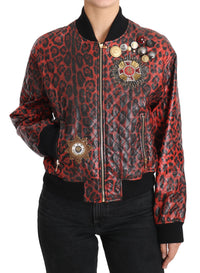 Dolce & Gabbana Dolce & Gabbana Red Leopard Button Crystal Leather Women's Jacket