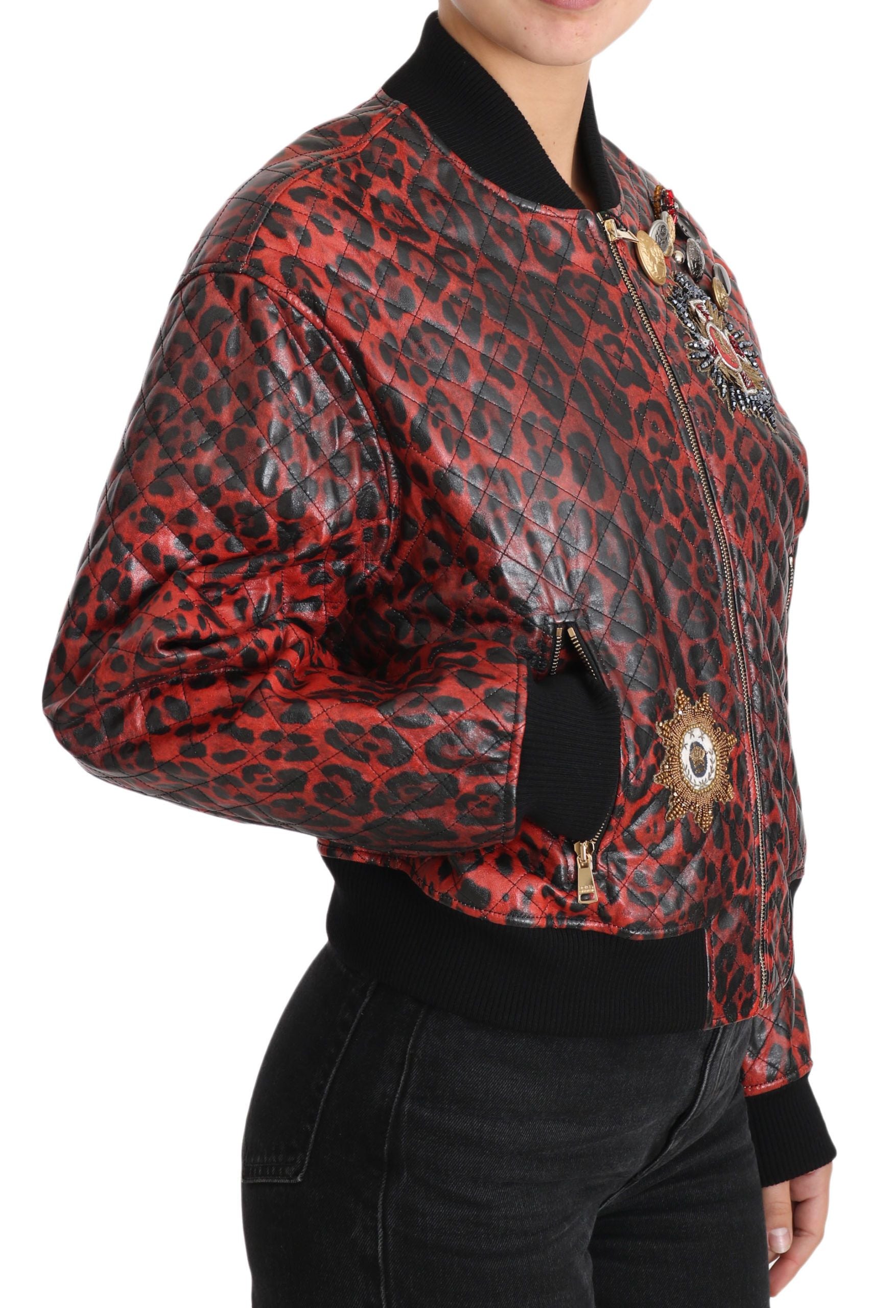 Dolce & Gabbana Dolce & Gabbana Red Leopard Button Crystal Leather Women's Jacket