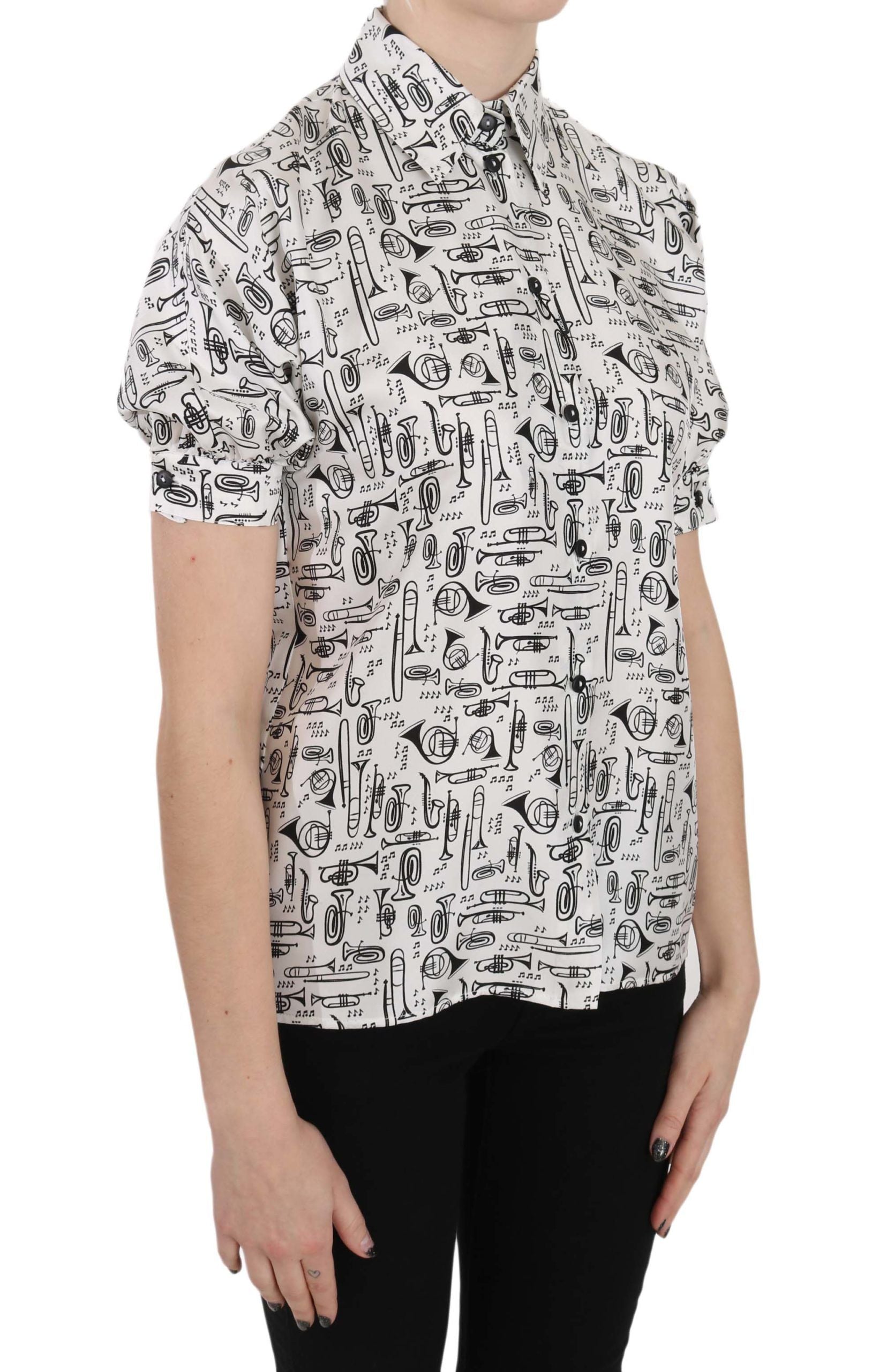 Dolce & Gabbana Trumpet Print Button Front Silk Top Women's Blouse
