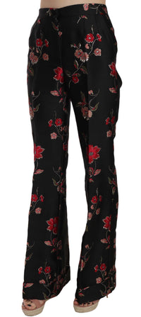 Dolce & Gabbana Floral Print Black Boot Cut Trouser Women's Pants