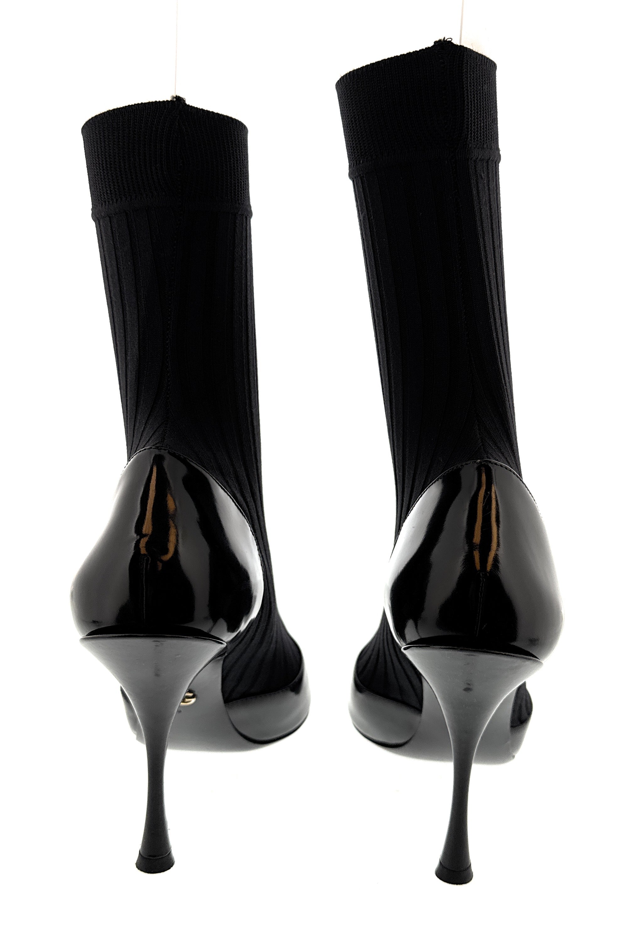 Dolce & Gabbana Black Sock-Style Patent Leather Ankle Boots – Sculpted Heel-39