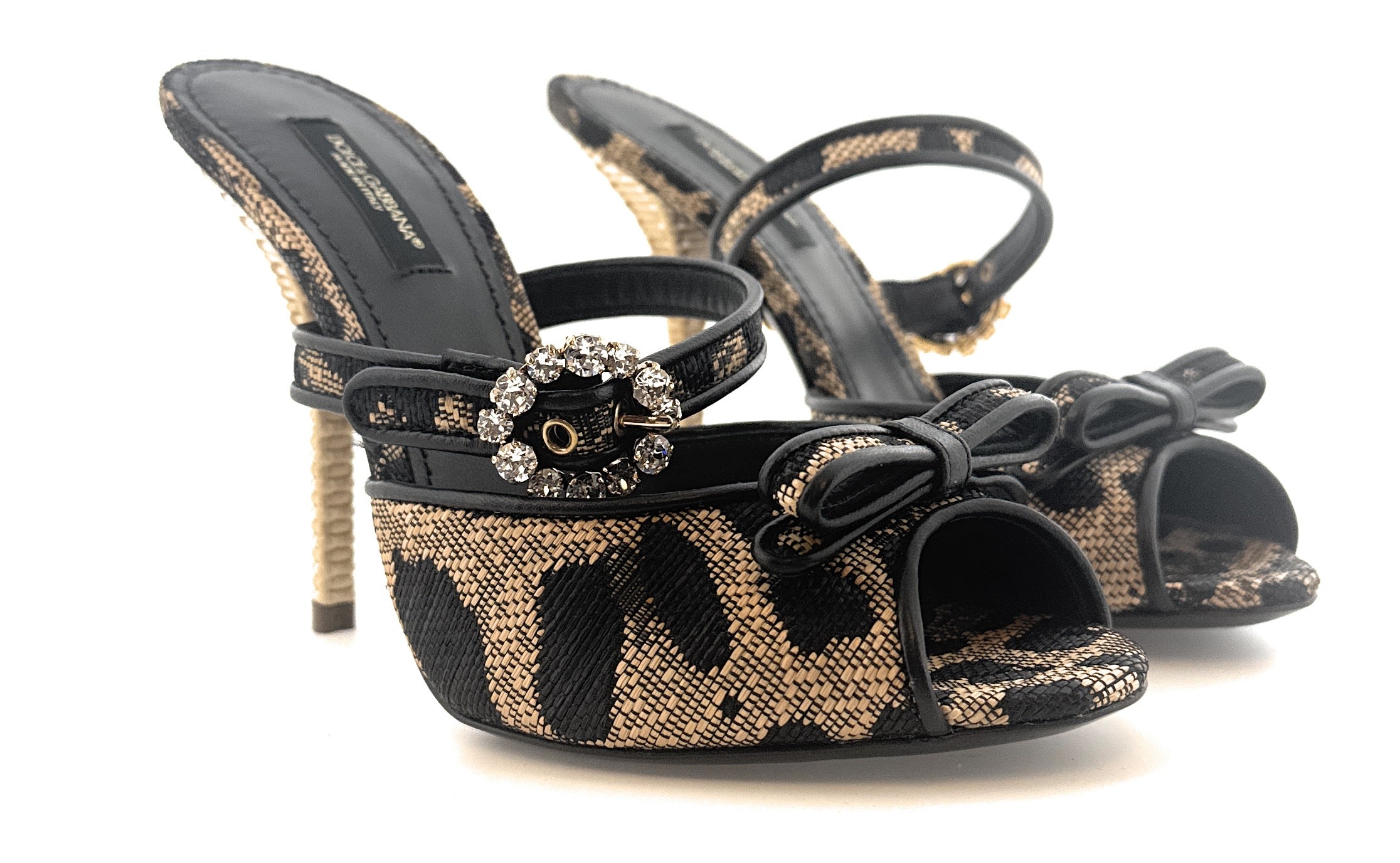 Dolce & Gabbana Brown Raffia Jewelled Stiletto Heel Slides-37