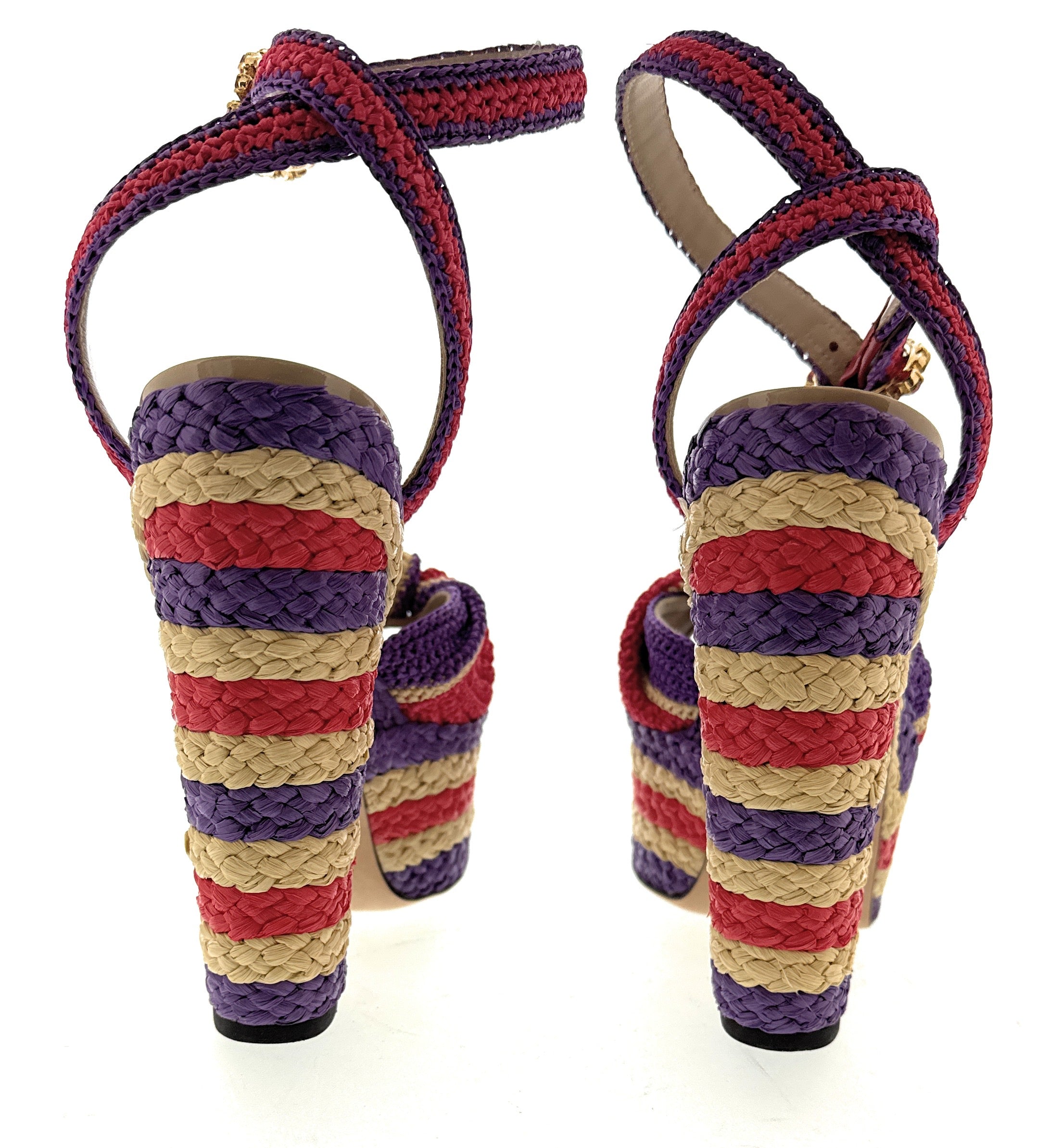 Dolce & Gabbana Multicolor Raffia Platform Sandals – Woven Heels with Bow-39.5