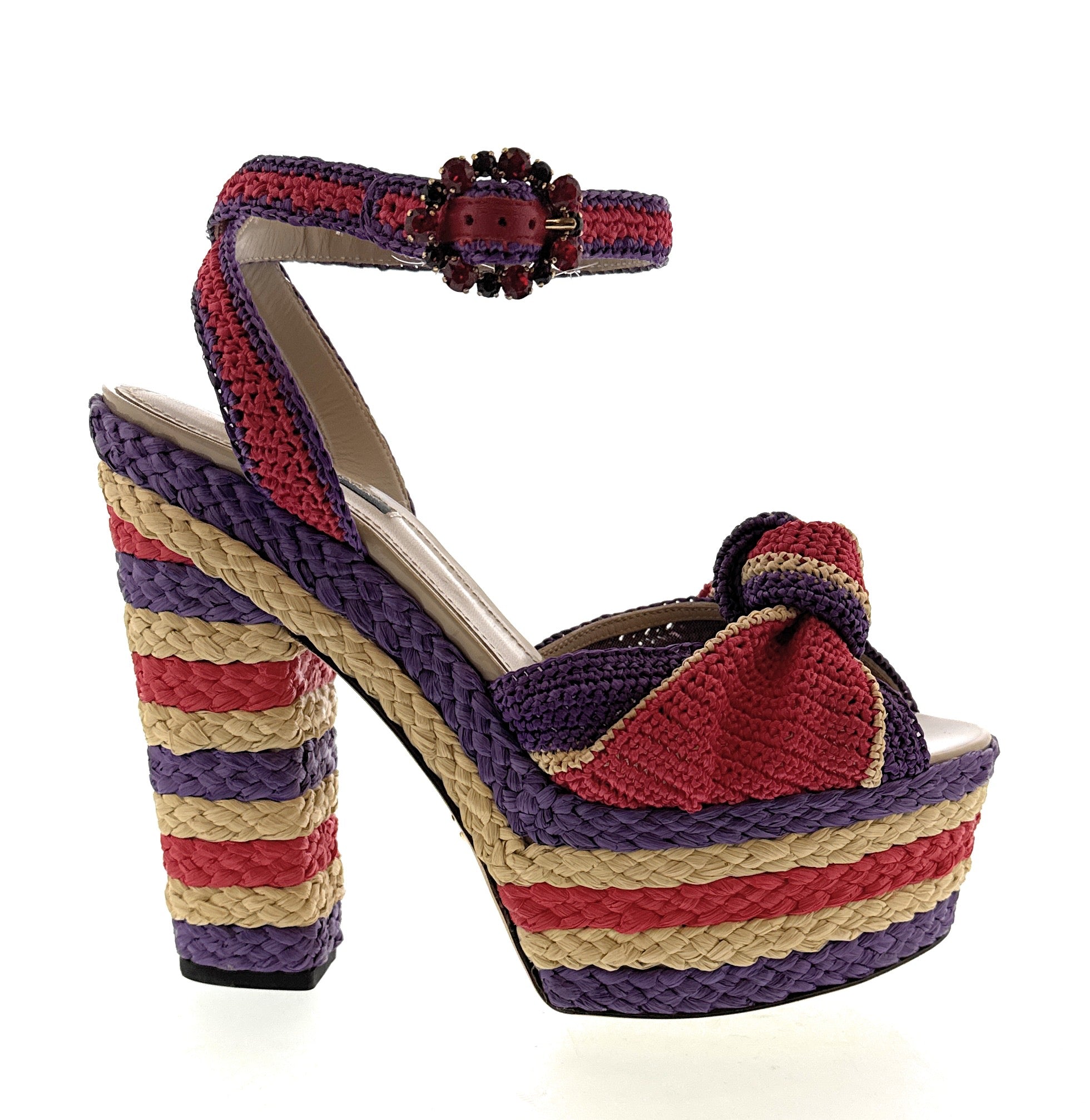 Dolce & Gabbana Multicolor Raffia Platform Sandals – Woven Heels with Bow-39.5