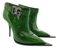 Dolce & Gabbana Green Patent Leather Ankle Boots – Pointed Toe Logo Buckle-38