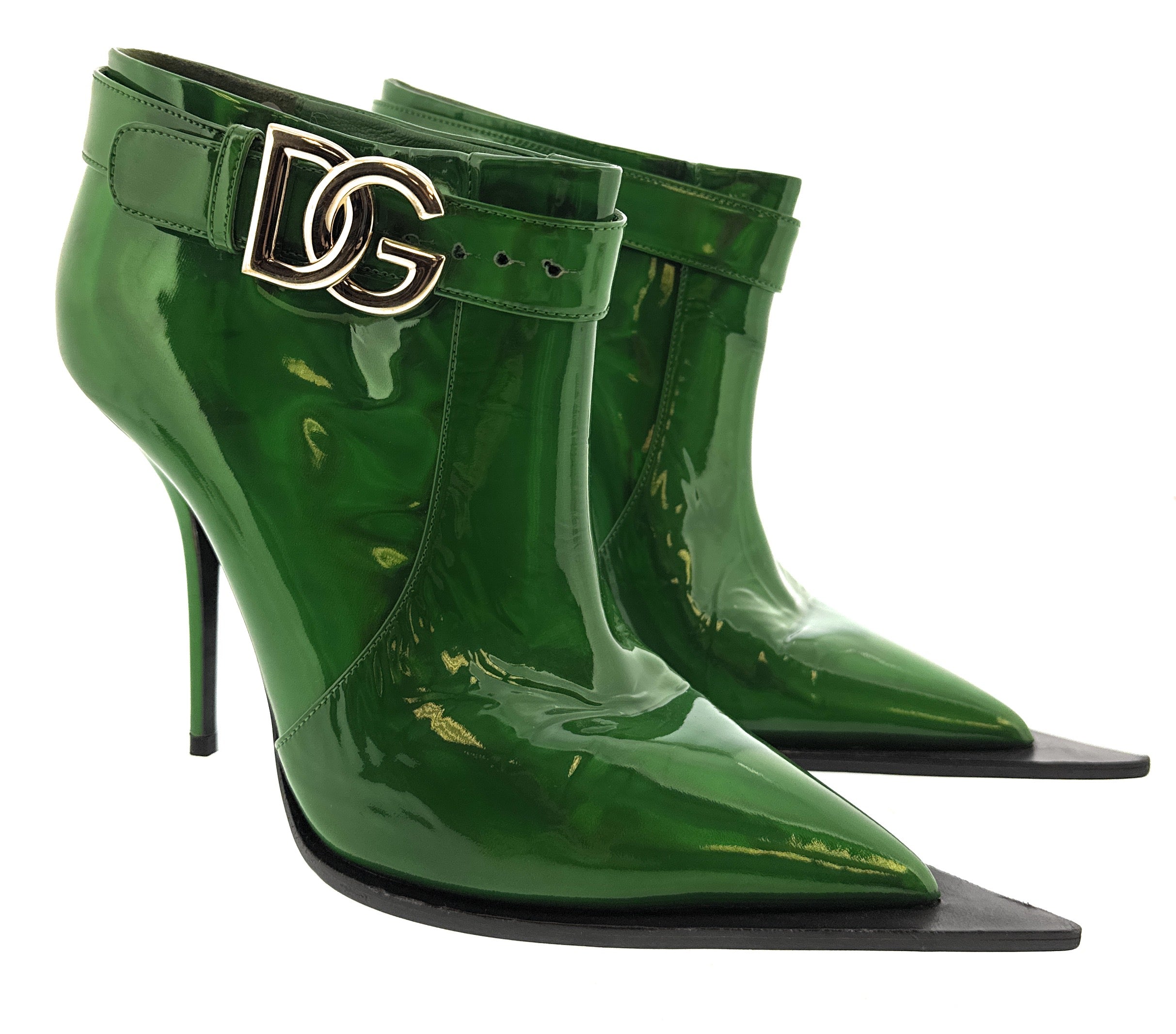 Dolce & Gabbana Green Patent Leather Ankle Boots – Pointed Toe Logo Buckle-38