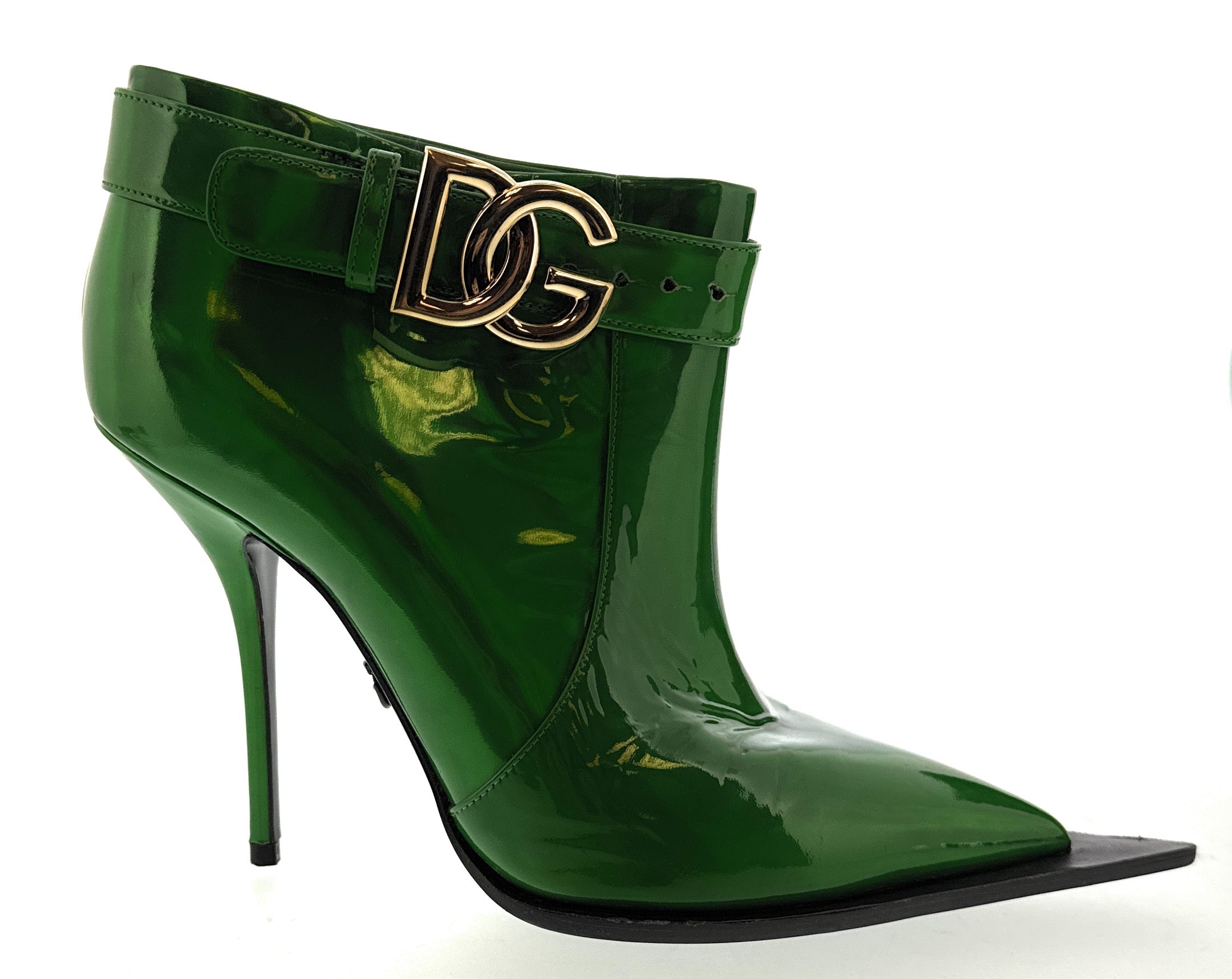 Dolce & Gabbana Green Patent Leather Ankle Boots – Pointed Toe Logo Buckle-38