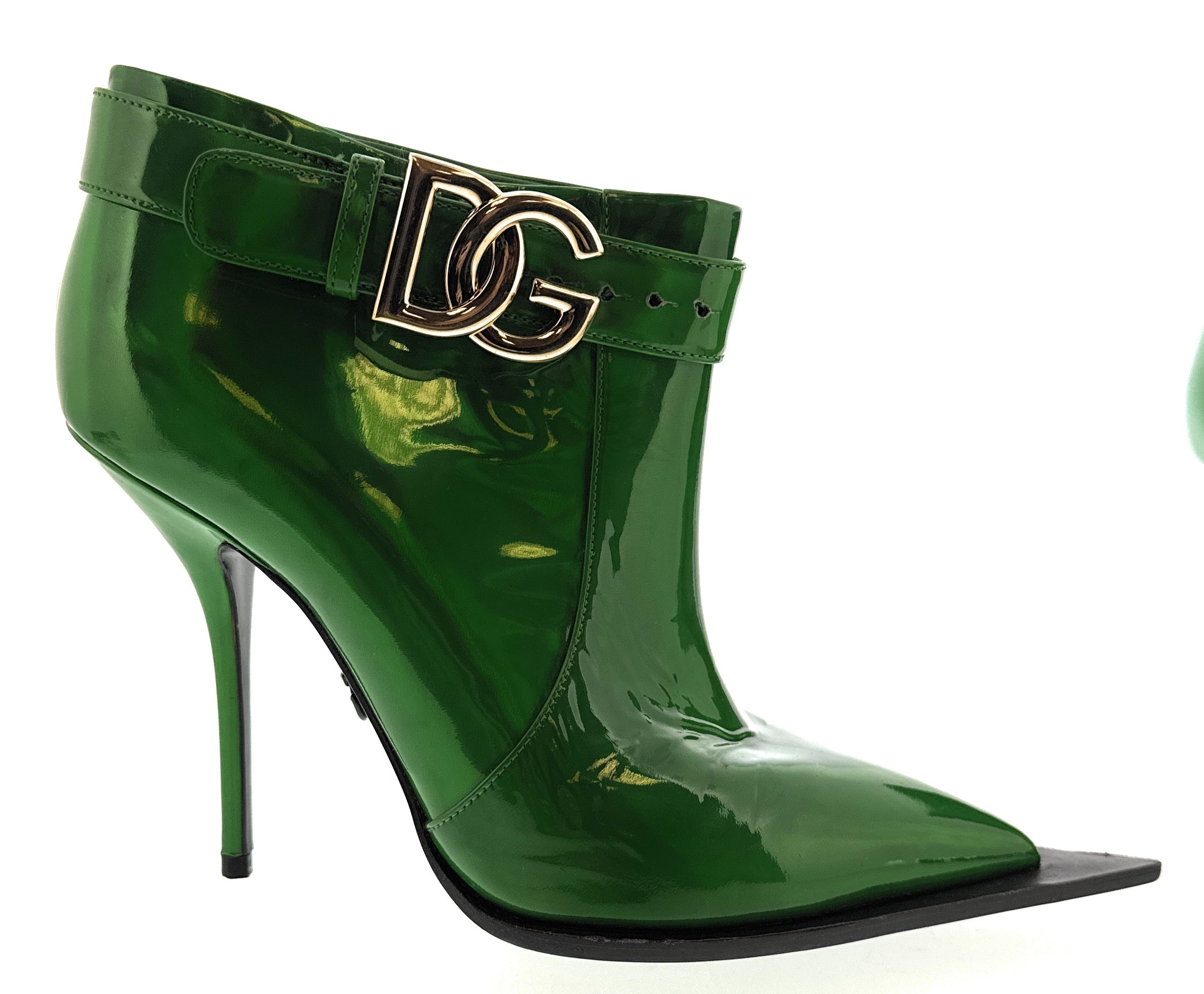 Dolce & Gabbana Green Patent Leather Ankle Boots – Pointed Toe Logo Buckle-38