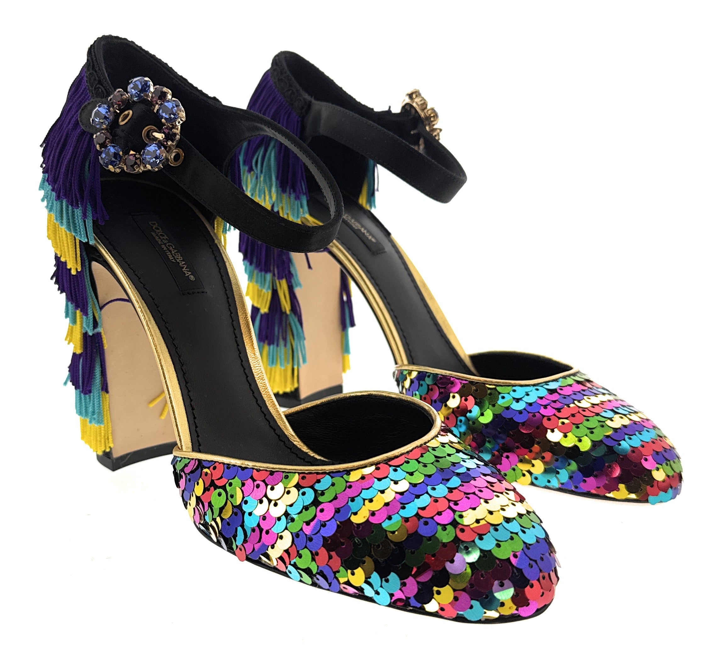Dolce & Gabbana Multicolor Gold Rainbow SequinFringe Block Heels-EU38.5