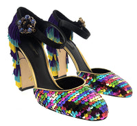 Dolce & Gabbana Multicolor Gold Rainbow SequinFringe Block Heels-EU37
