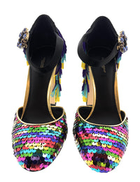 Dolce & Gabbana Multicolor Gold Rainbow SequinFringe Block Heels-EU37