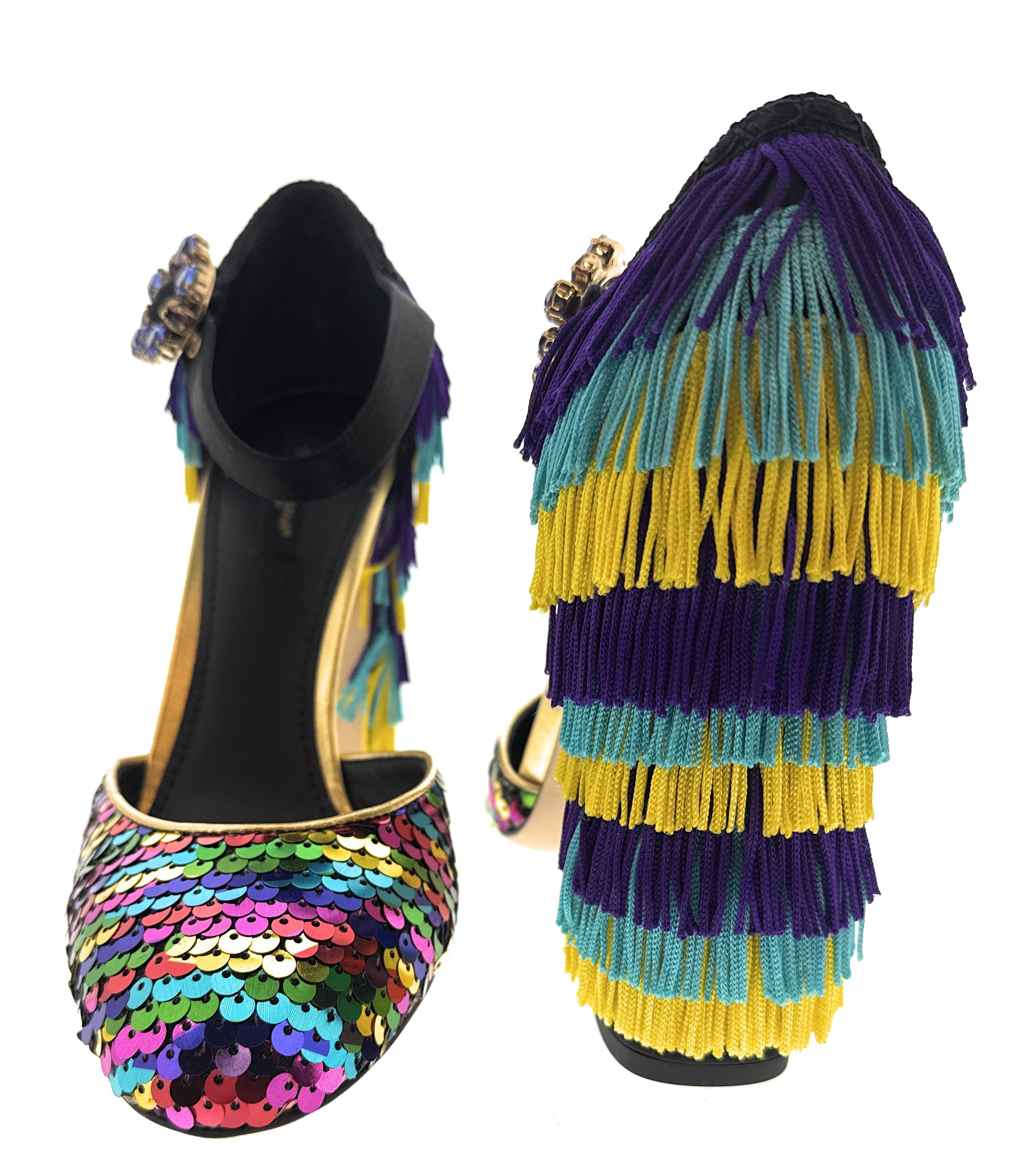 Dolce & Gabbana Multicolor Gold Rainbow Sequin Fringe Block Heels
