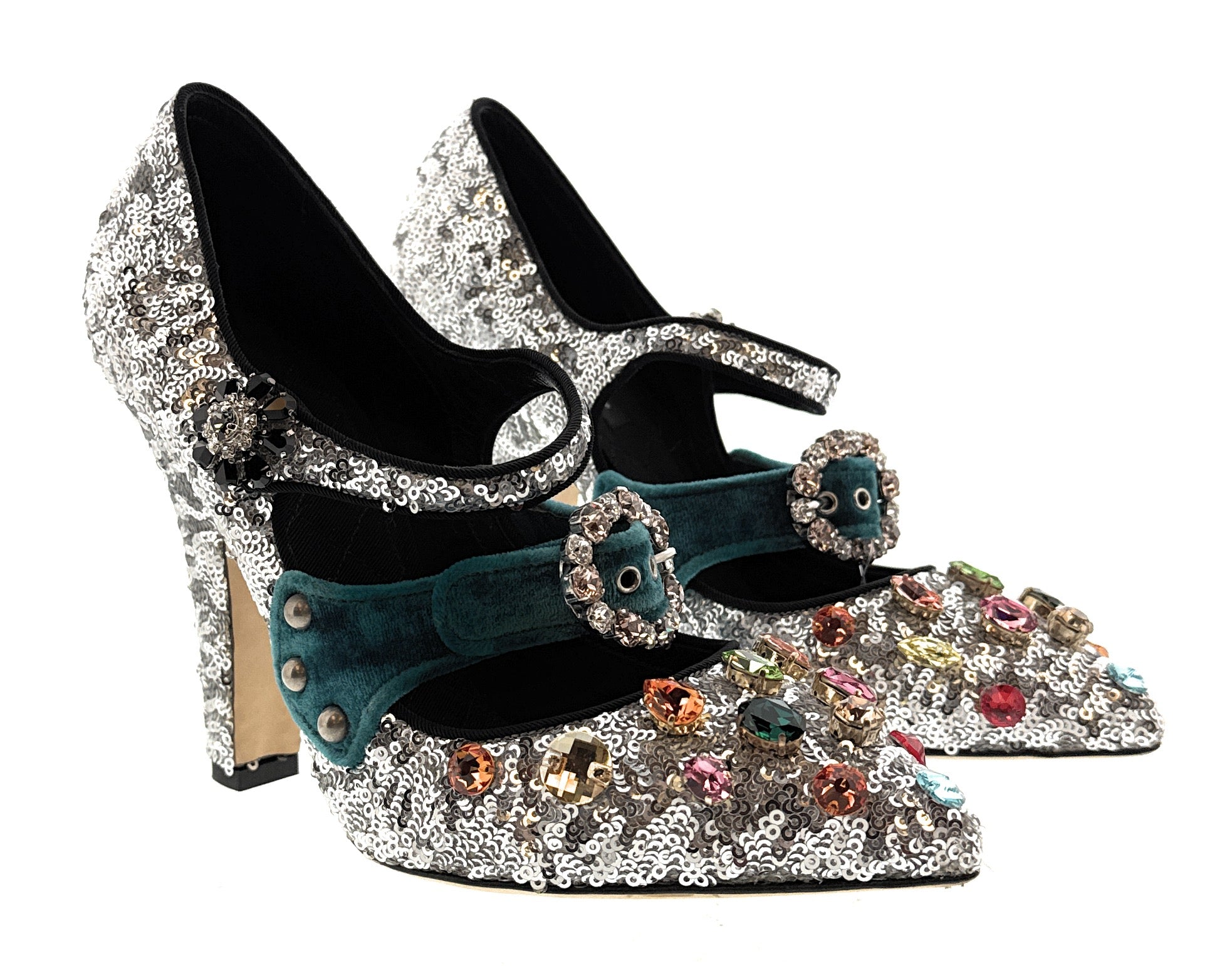 Dolce & Gabbana Silver Sequin Mary Jane Pumps with Jeweled Velvet Strap-39