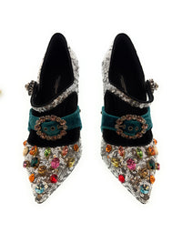 Dolce & Gabbana Silver Sequin Mary Jane Pumps with Jeweled Velvet Strap-39