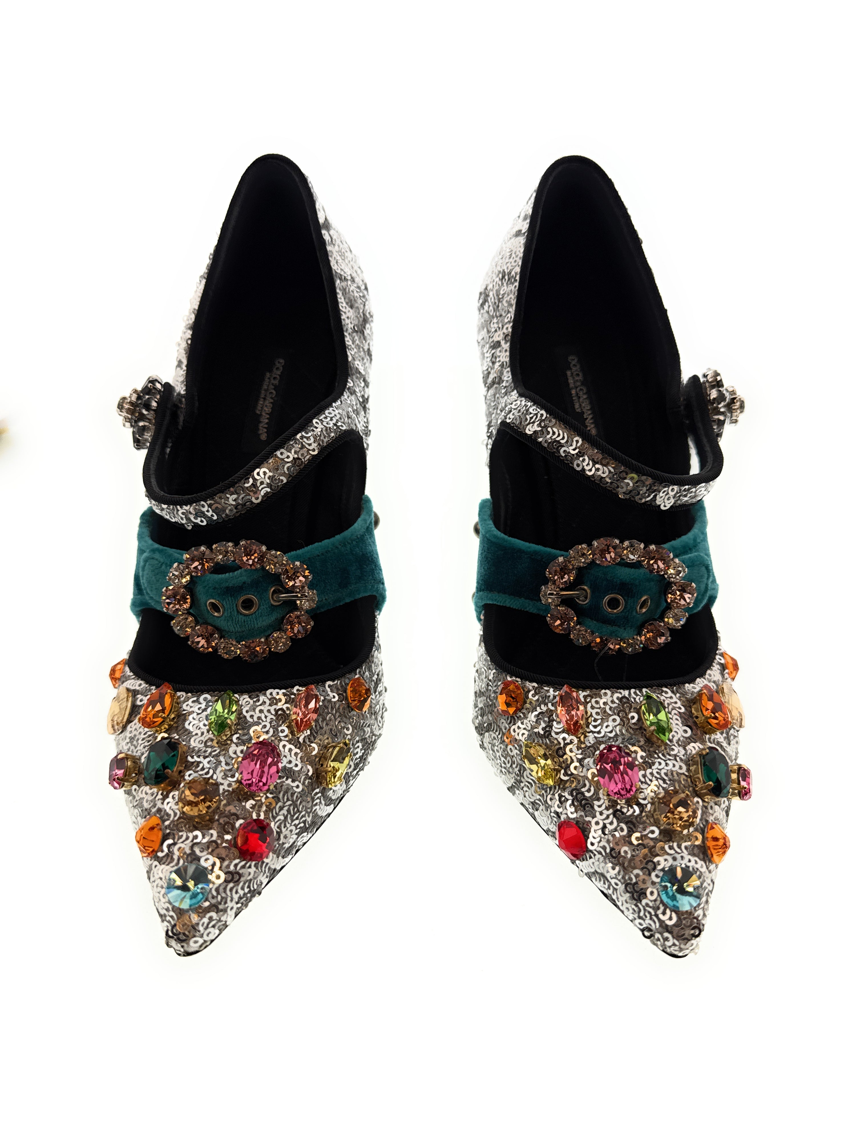 Dolce & Gabbana Silver Sequin Mary Jane Pumps with Jeweled Velvet Strap-39